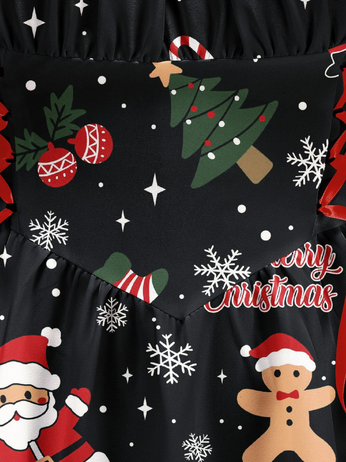 Black 1950s Christmas Print Lace-Up Dress - Image 6