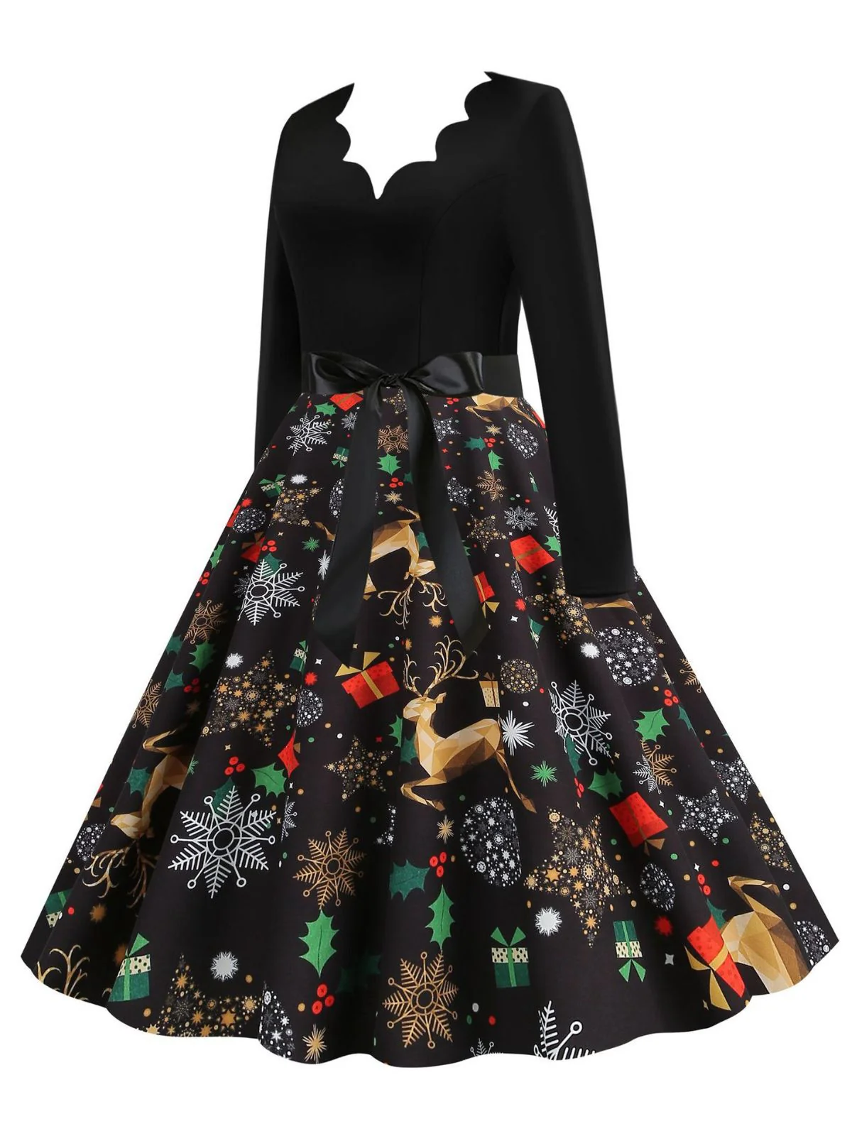 Black 1950s Christmas Print Petal Collar Belted Dress - Image 2