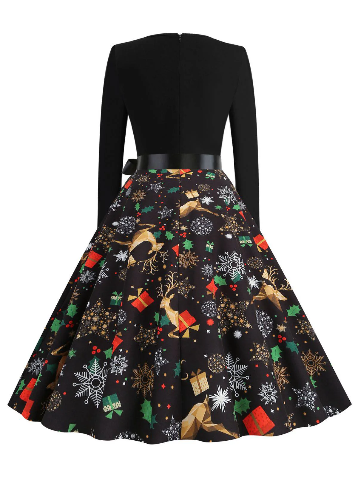 Black 1950s Christmas Print Petal Collar Belted Dress - Image 3
