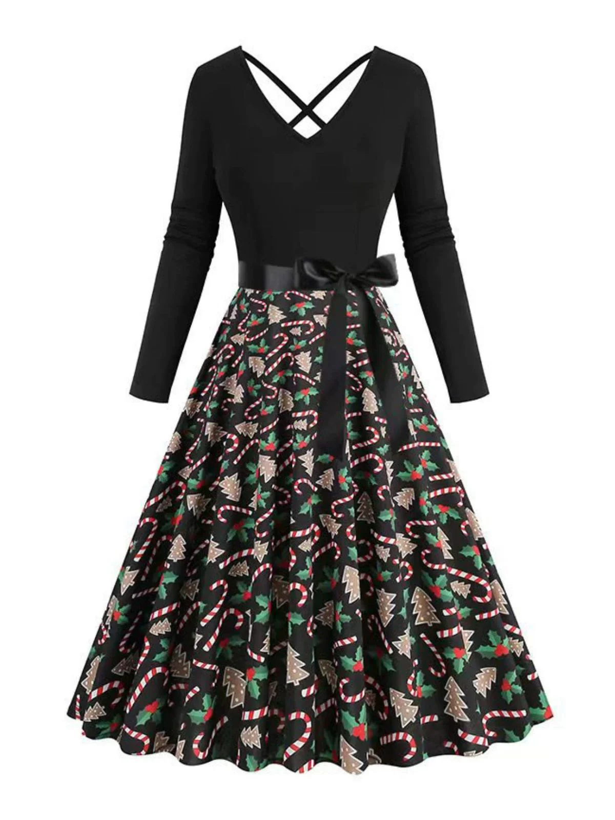 Black 1950s Christmas Print V-Neck Cross Back Dress - Image 2
