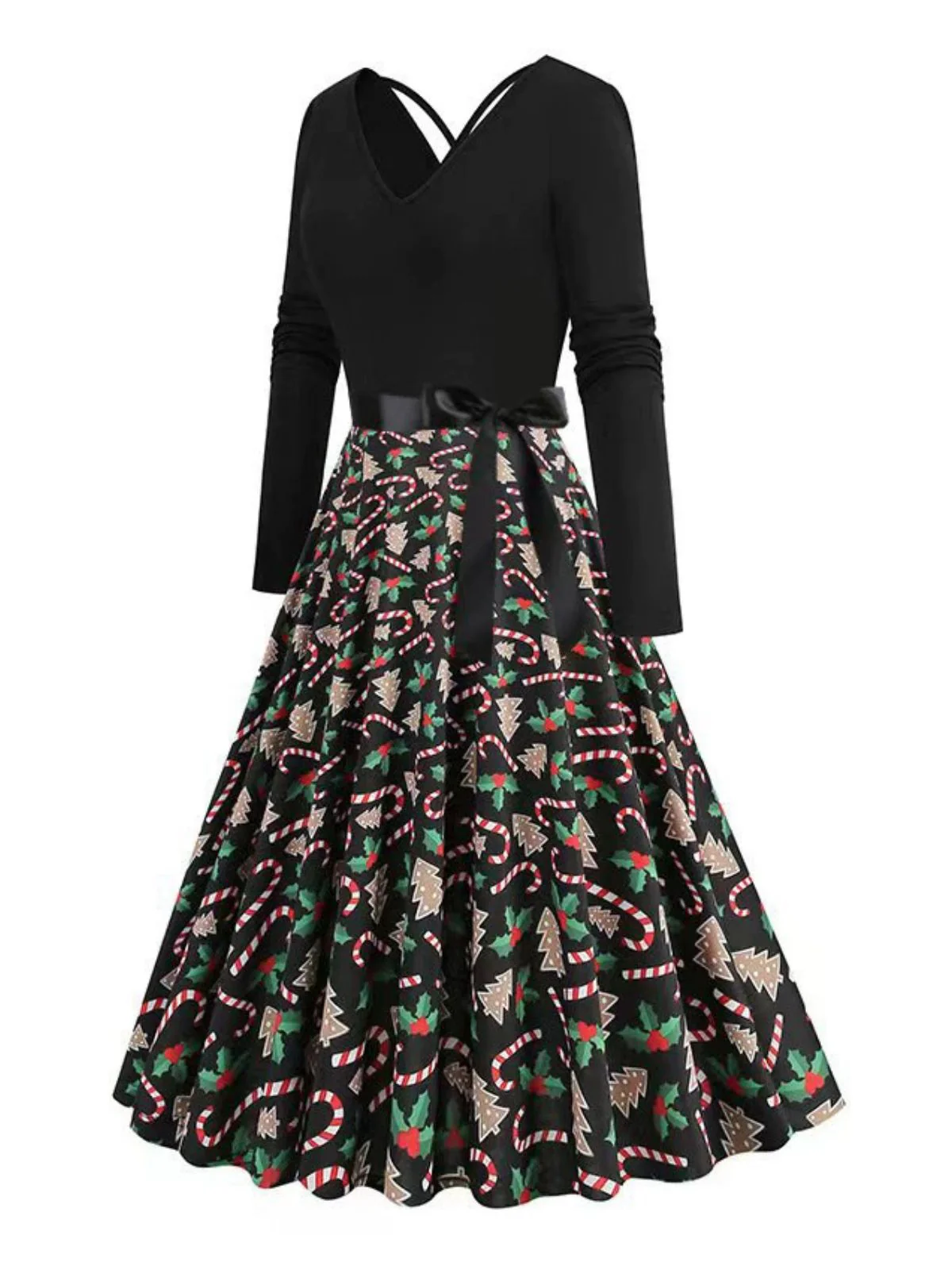Black 1950s Christmas Print V-Neck Cross Back Dress - Image 3