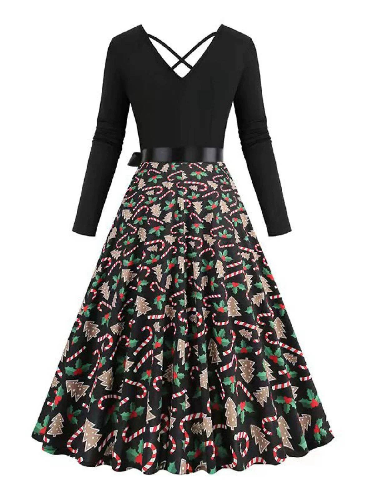 Black 1950s Christmas Print V-Neck Cross Back Dress - Image 4