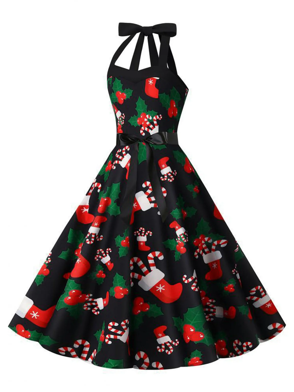 Black 1950s Christmas Santa Socks Halter Dress - Image 2