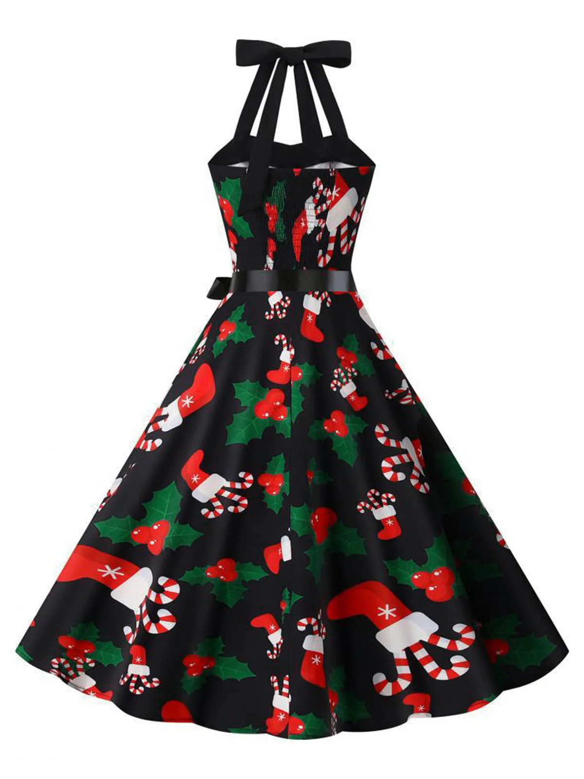 Black 1950s Christmas Santa Socks Halter Dress - Image 3