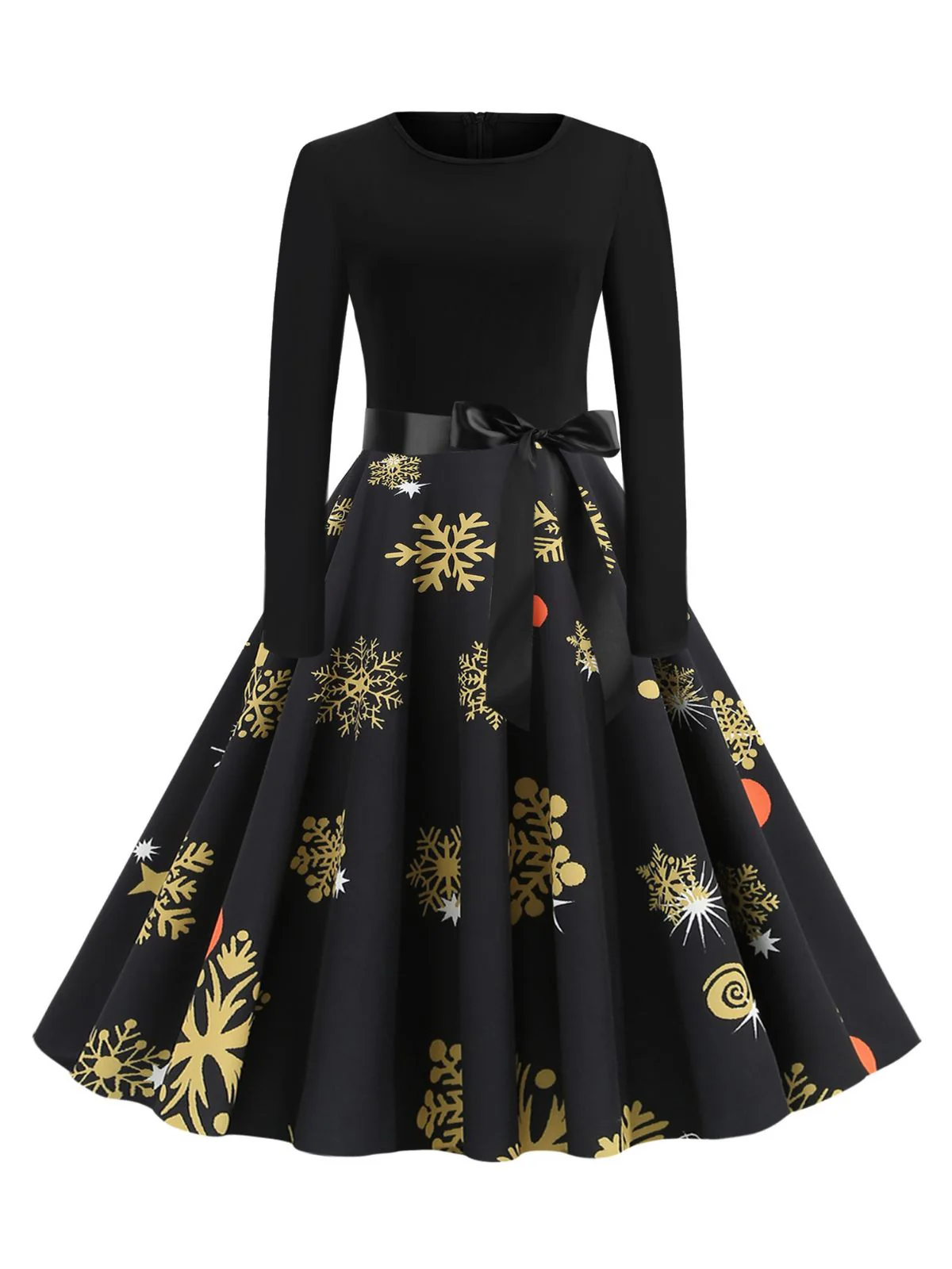 Black 1950s Christmas Snowflake Ribbon Belt Dress - Image 2