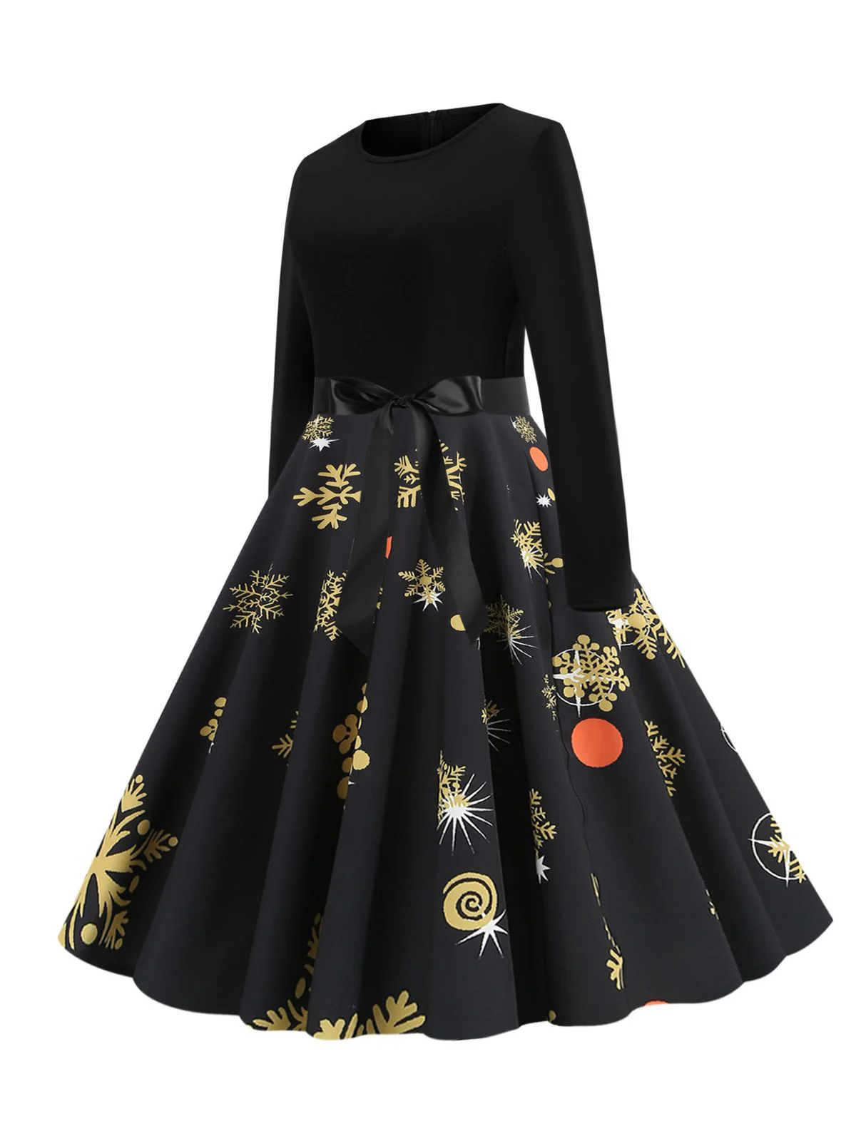 Black 1950s Christmas Snowflake Ribbon Belt Dress - Image 3