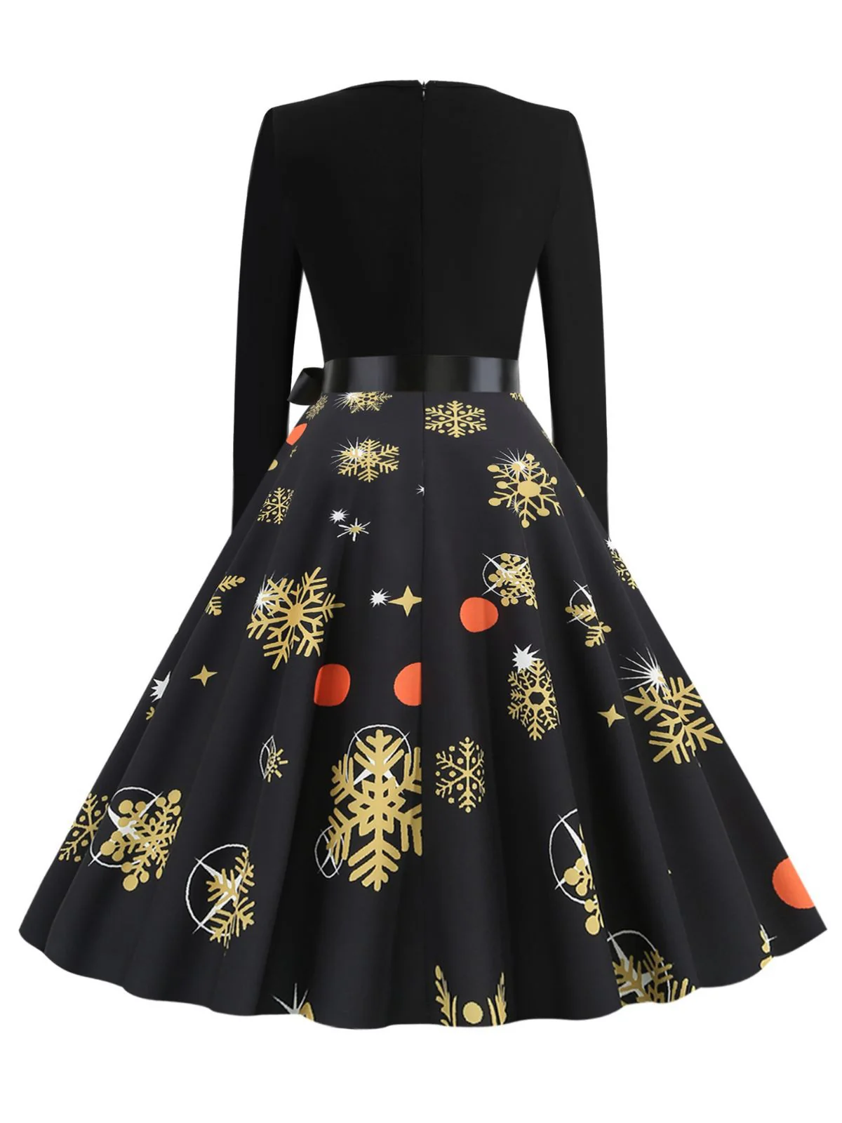 Black 1950s Christmas Snowflake Ribbon Belt Dress - Image 4