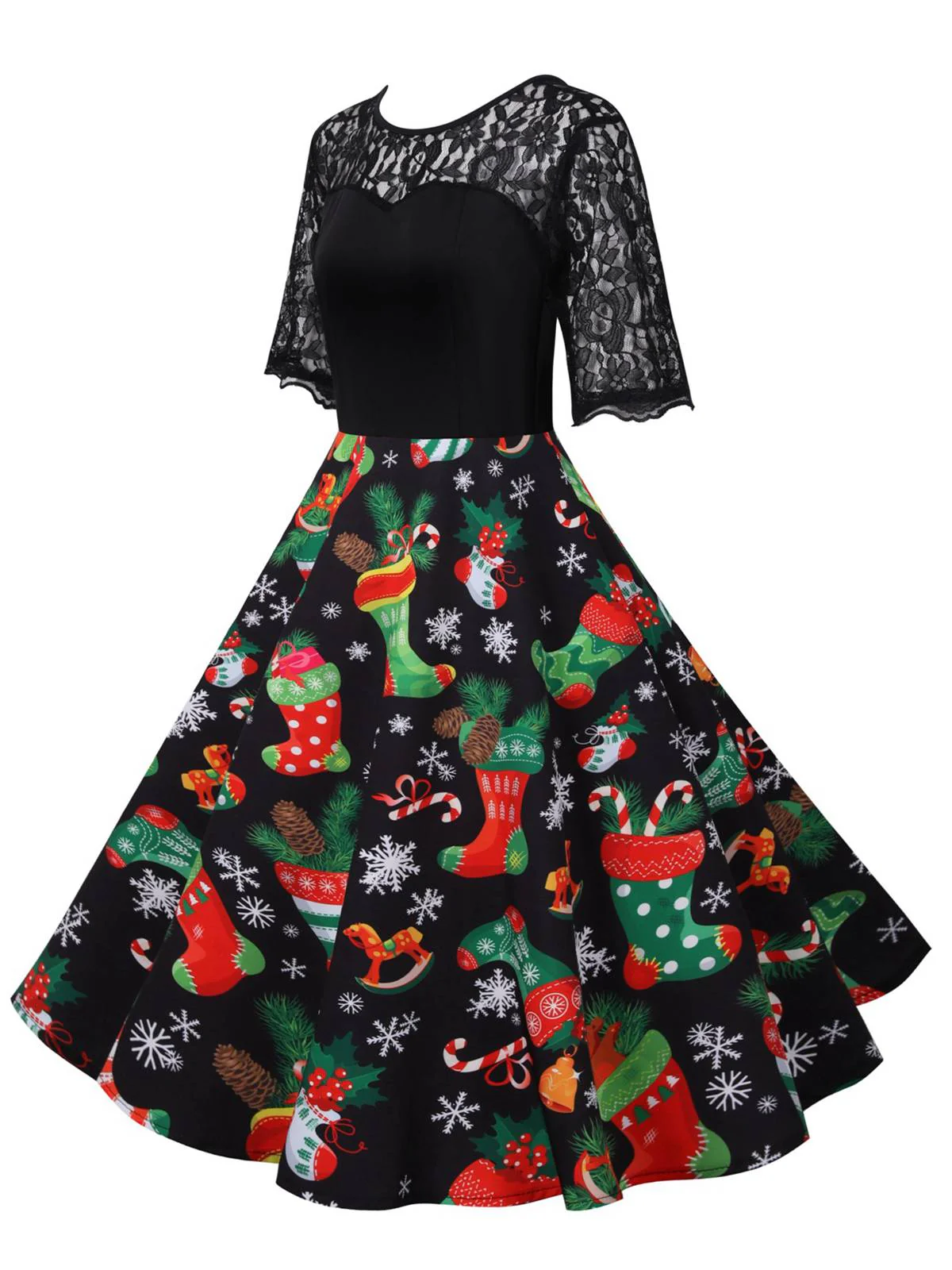 Black 1950s Christmas Stocking Lace Patchwork Dress - Image 2