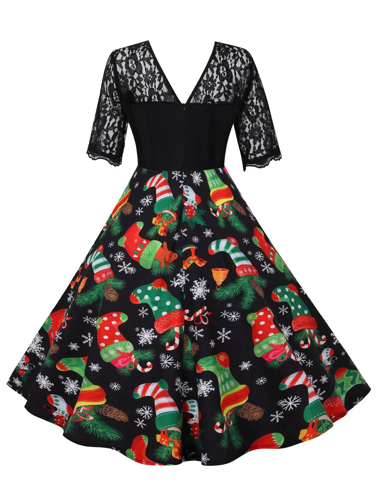Black 1950s Christmas Stocking Lace Patchwork Dress - Image 3