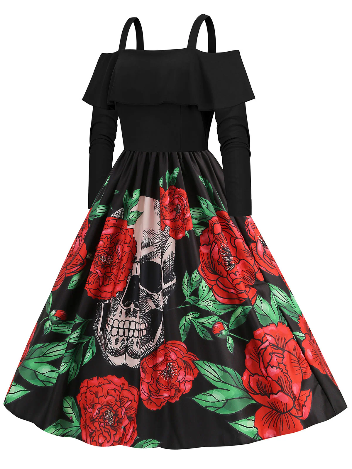 Black 1950s Cold-Shoulder Halloween Skull Roses Dress - Image 2