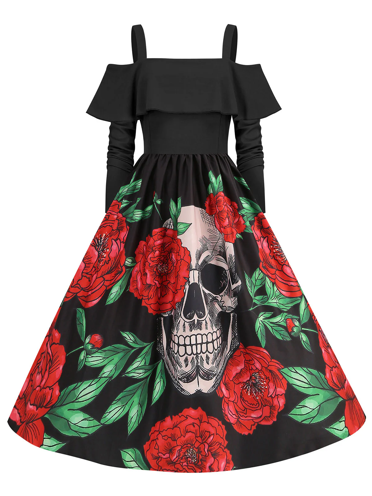Black 1950s Cold-Shoulder Halloween Skull Roses Dress - Image 3