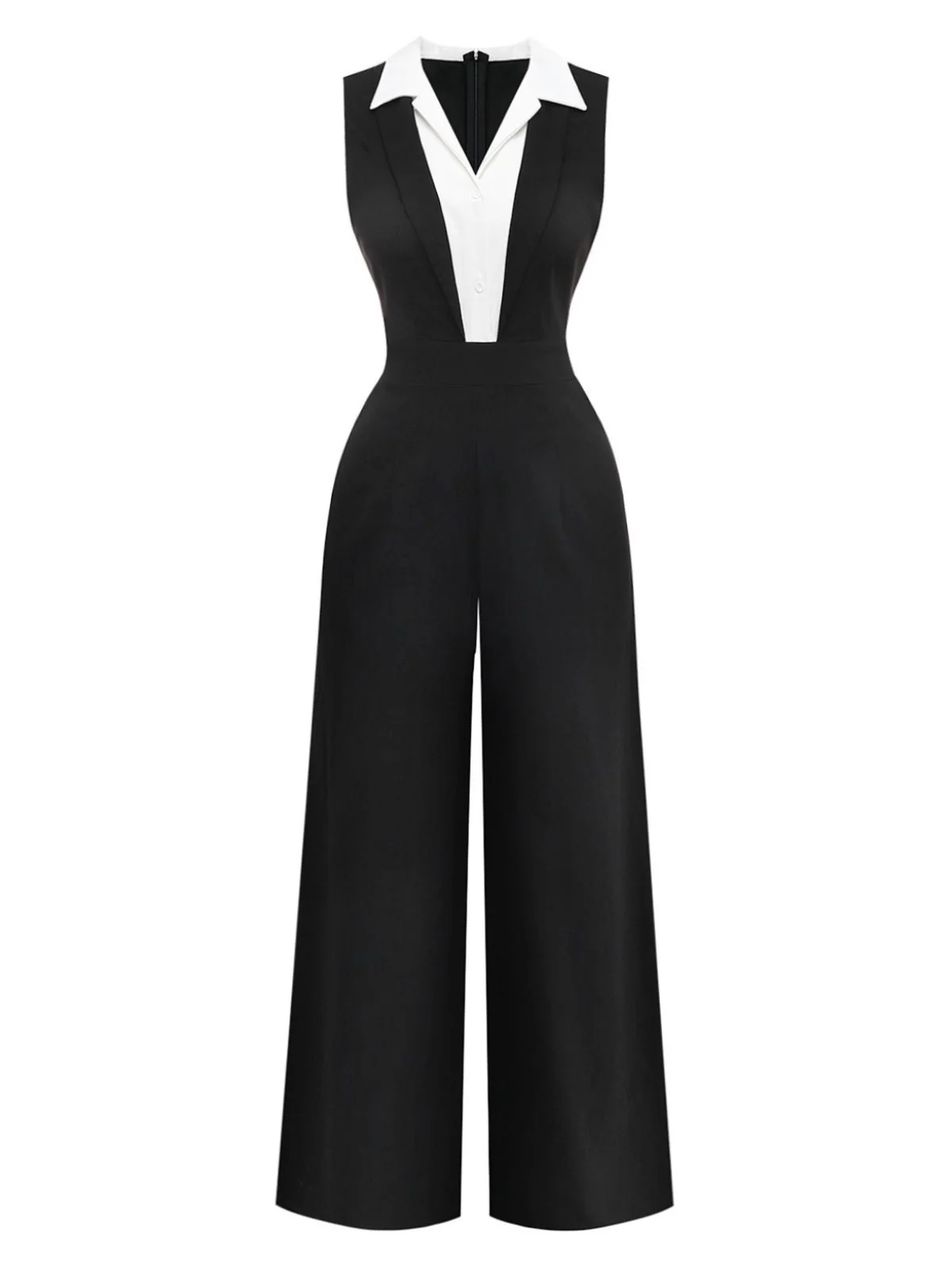 Black 1950s Colorblock Sleeveless Wide-Leg Jumpsuit - Image 2