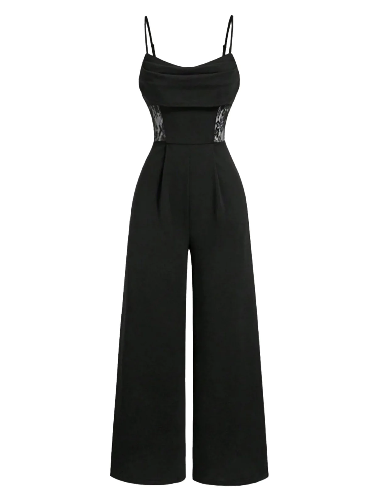 Black 1950s Cowl Neck Sheer Lace Patchwork Solid Jumpsuit - Image 2