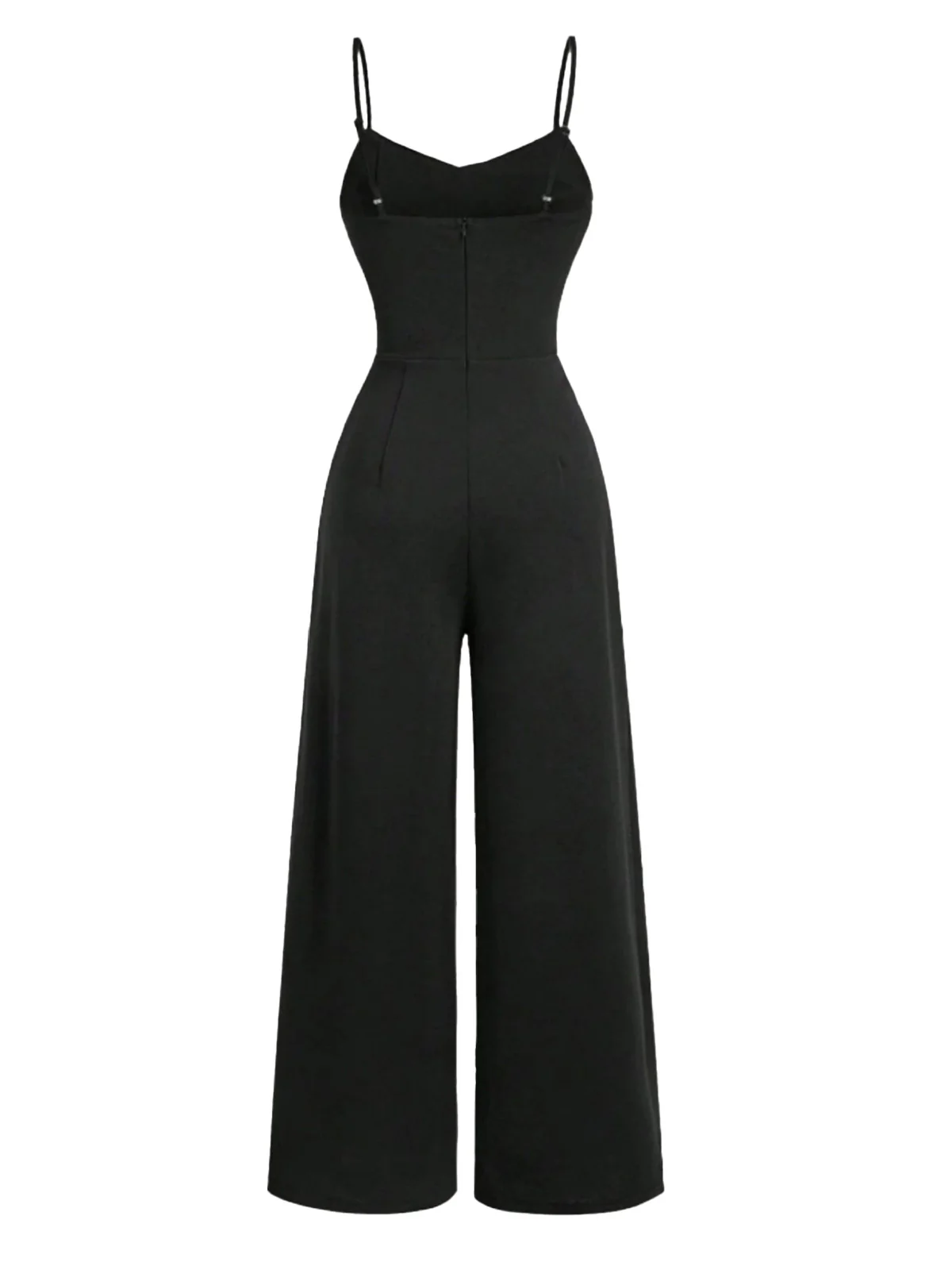 Black 1950s Cowl Neck Sheer Lace Patchwork Solid Jumpsuit - Image 3