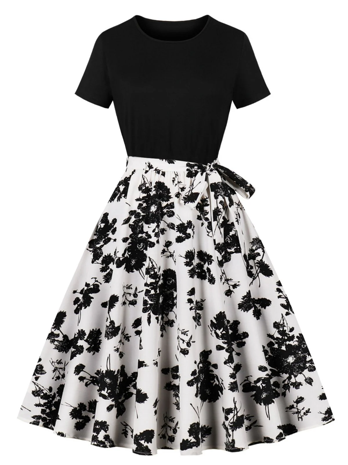 Black 1950s Crew Neck Patchwork Swing Dress - Image 2