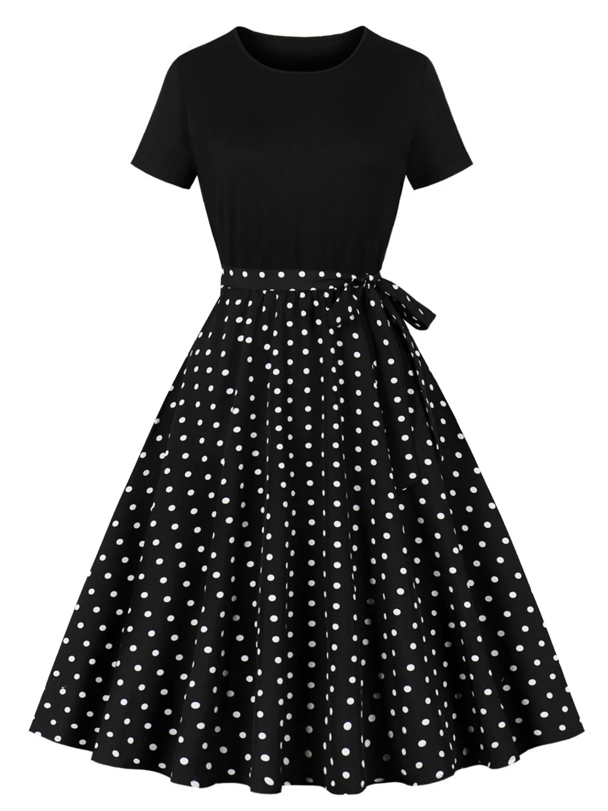 Black 1950s Crew Neck Patchwork Swing Dress - Image 3