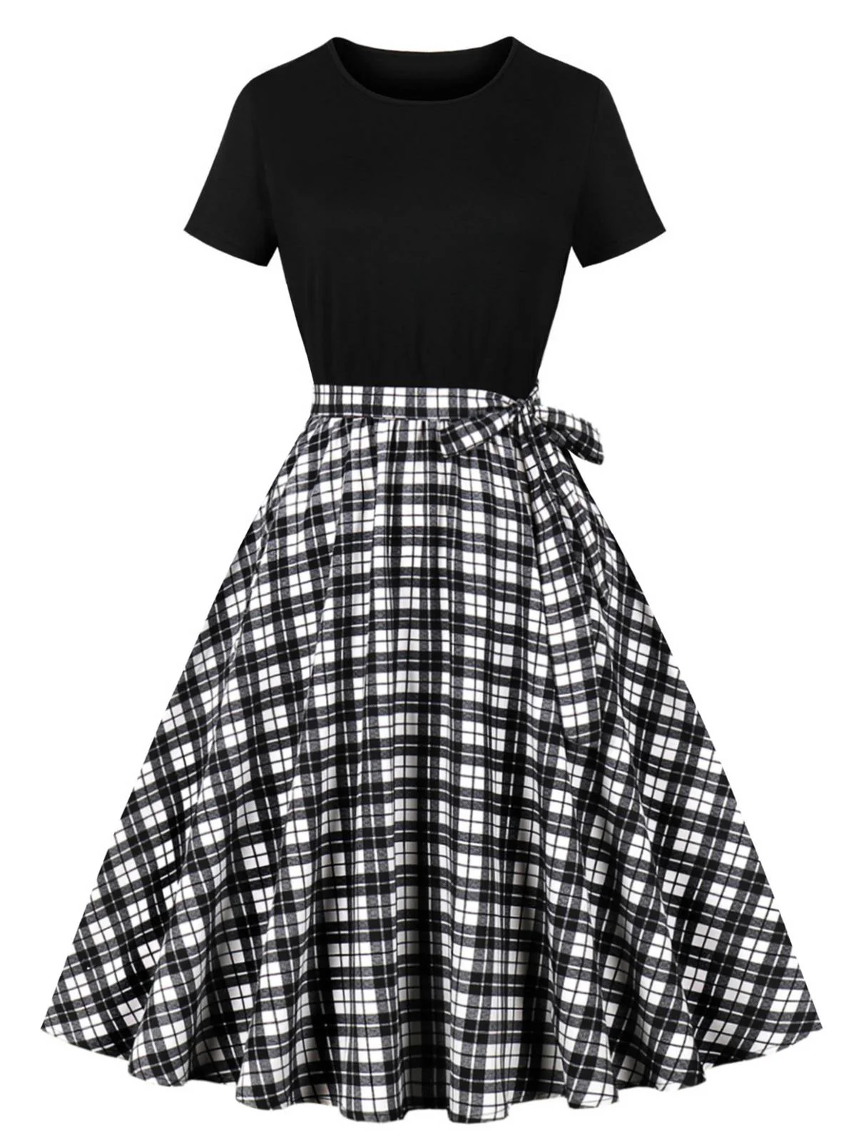 Black 1950s Crew Neck Patchwork Swing Dress - Image 4