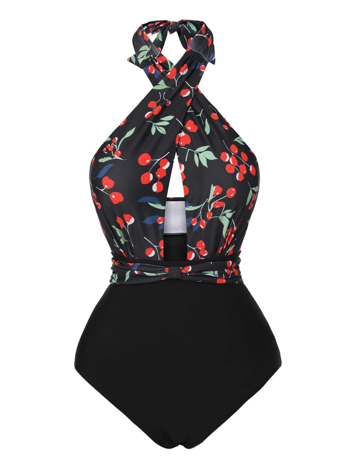Black 1950s Cross Halter Cherry Swimsuit - Image 2