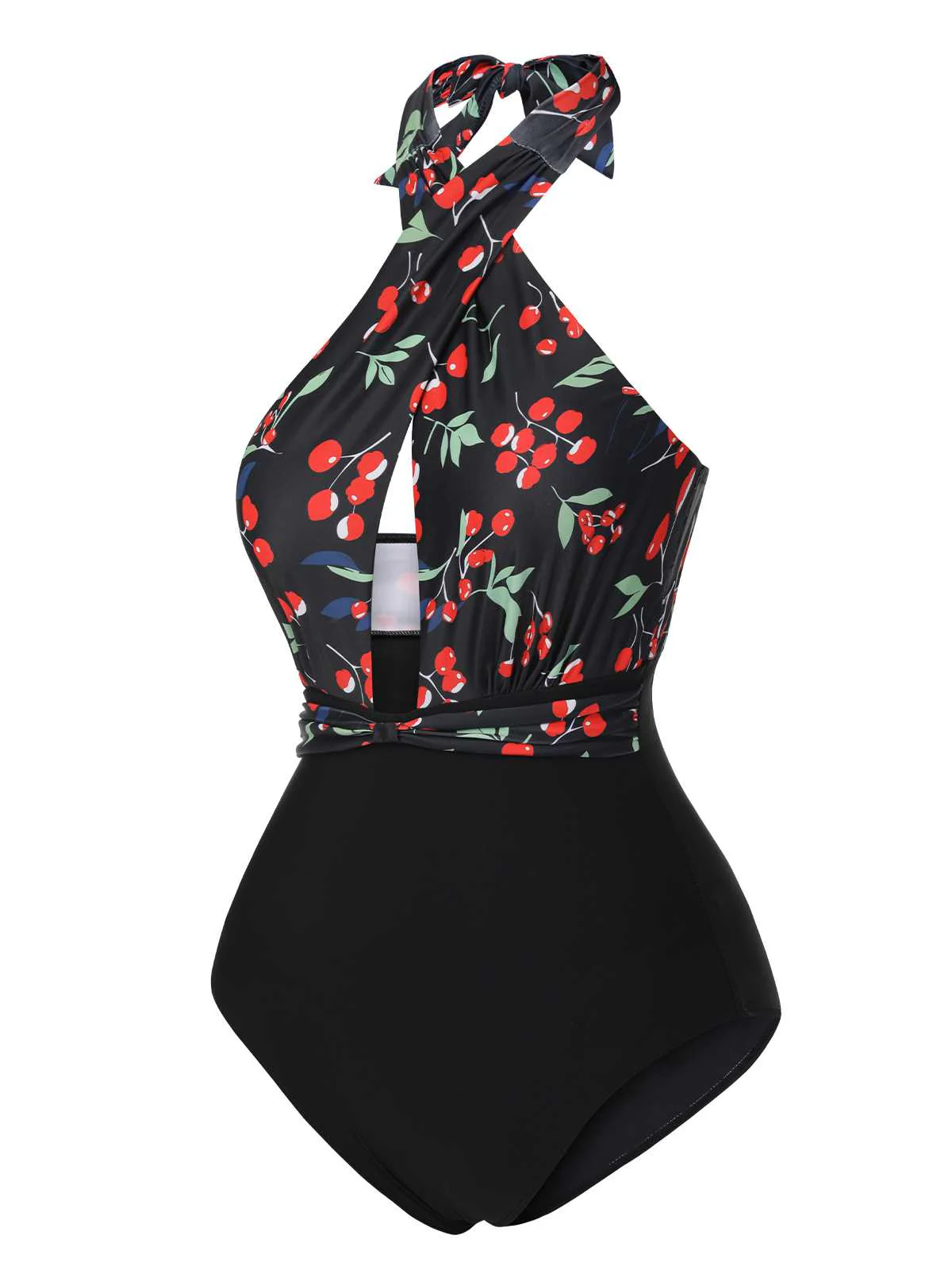 Black 1950s Cross Halter Cherry Swimsuit - Image 3