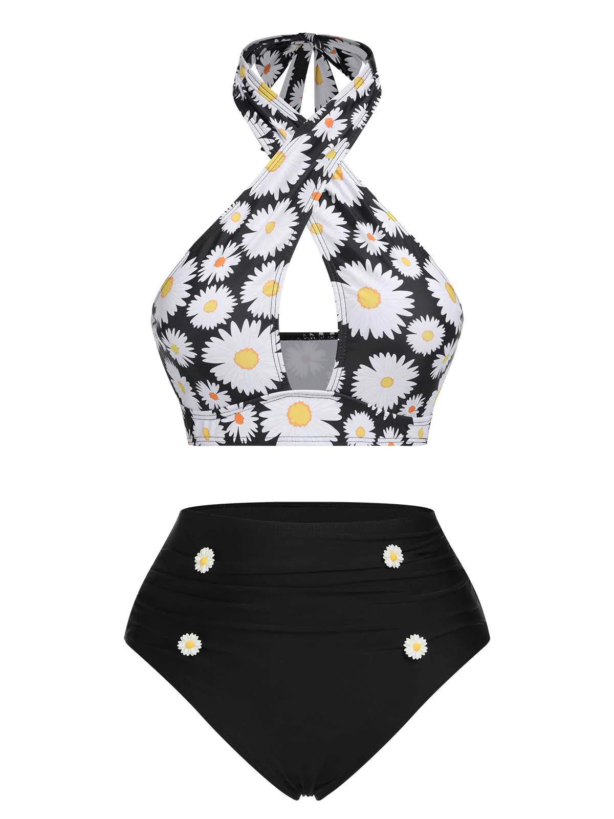 Black 1950s Daisy Cross Strap Swimsuit - Image 2