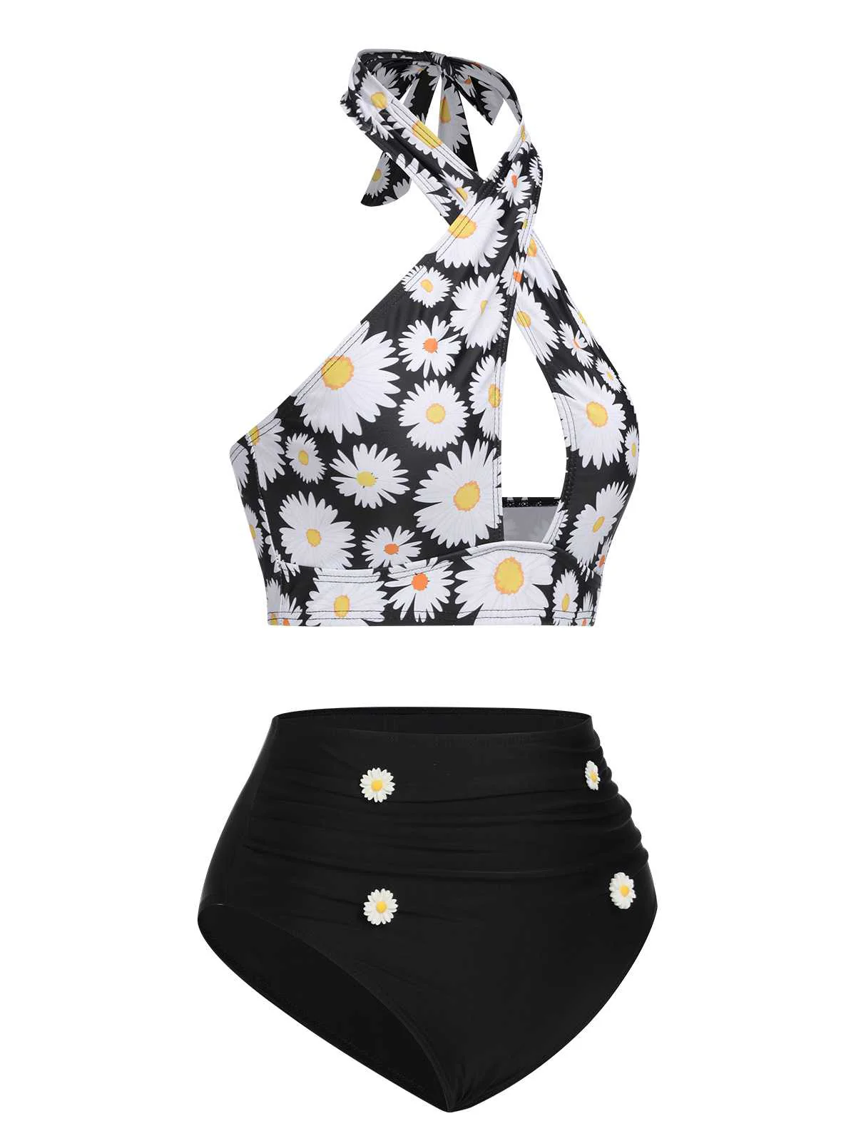 Black 1950s Daisy Cross Strap Swimsuit - Image 3
