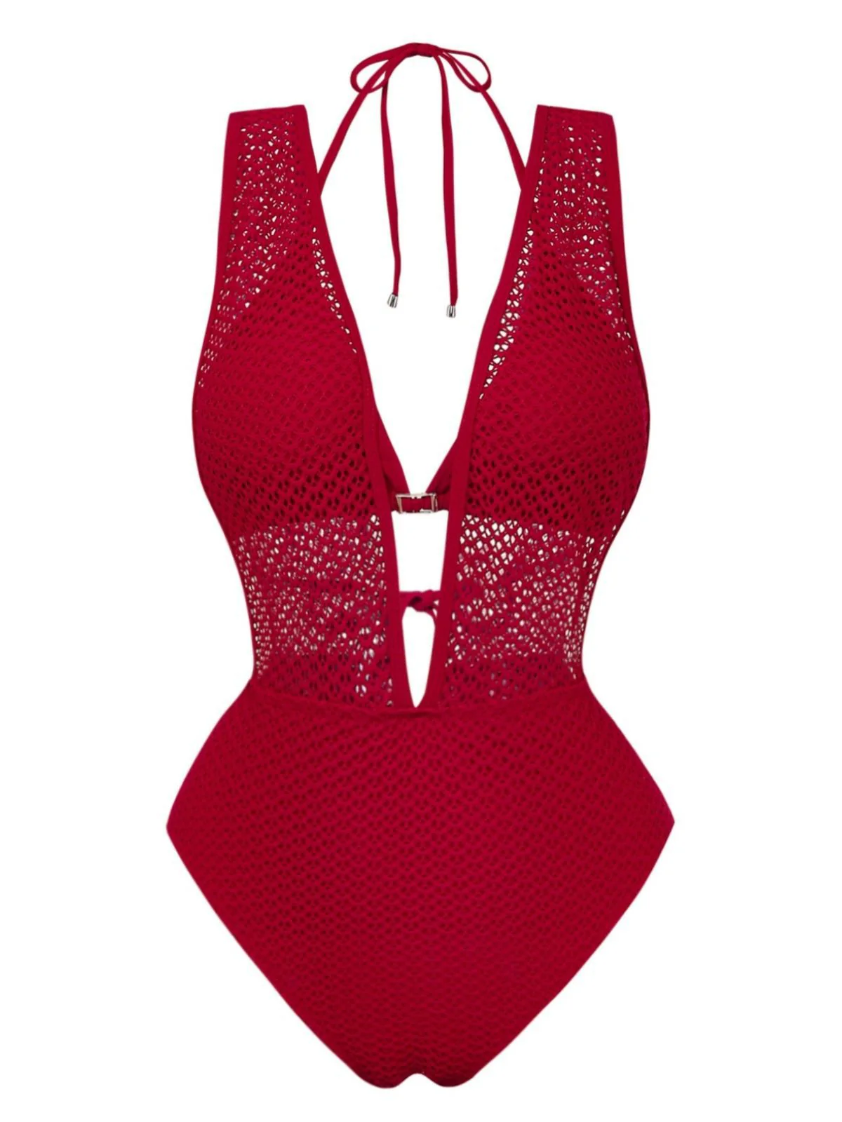 1950s Deep V-Neck Crochet Mesh Halter Swimsuit Set - Image 2