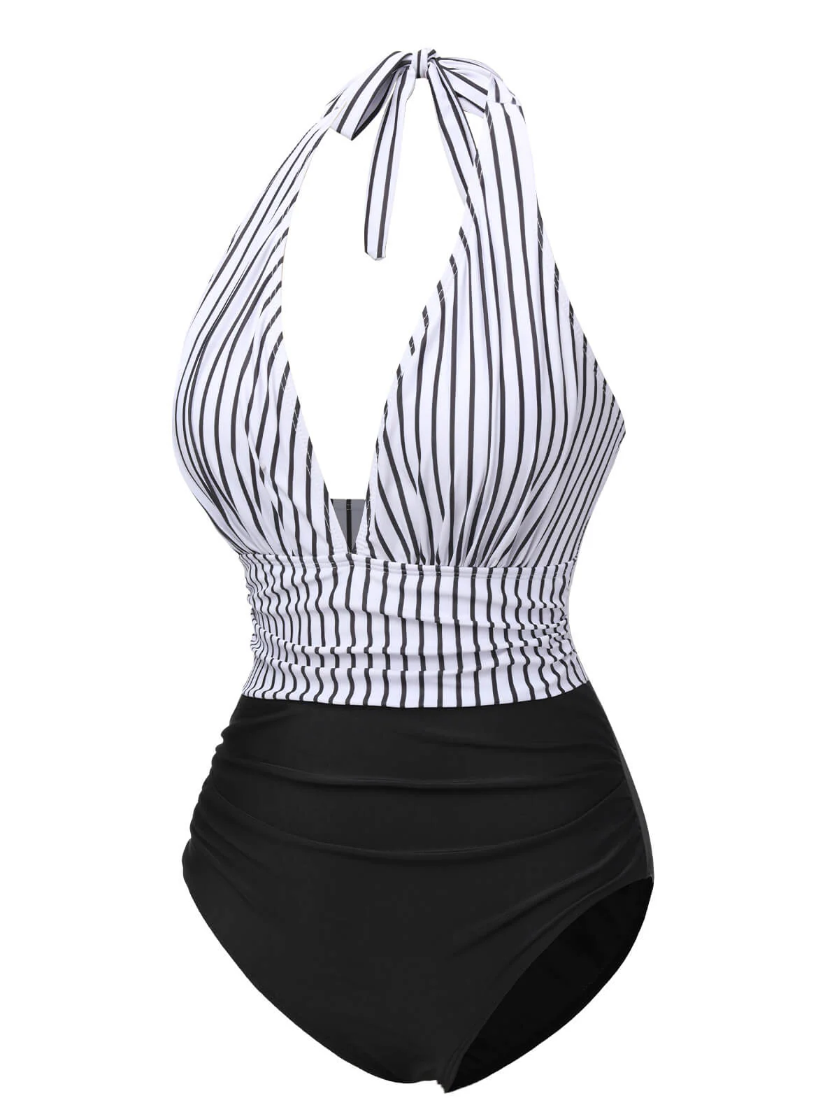 Black 1950s Deep V-Neck Stripe Swimsuit - Image 2