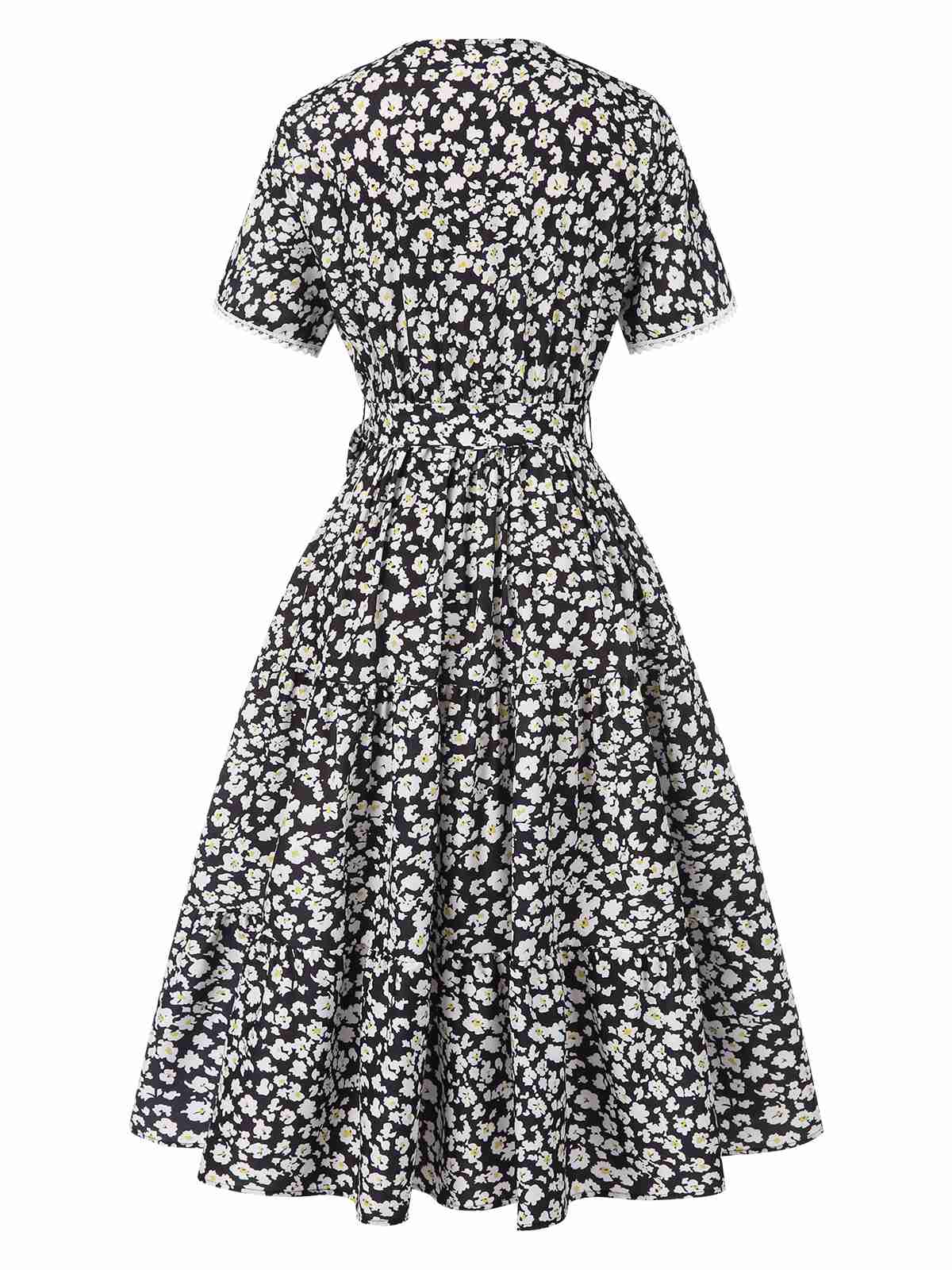 Black 1950s Ditsy Floral V-Neck Lace-Up Dress - Image 2
