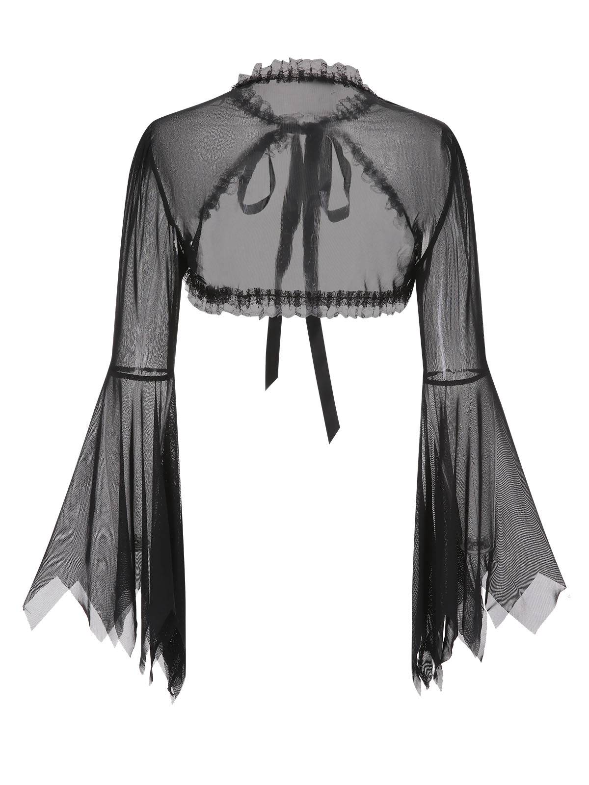 Black 1950s Flare Sleeved Lace-Up Sheer Cape - Image 3