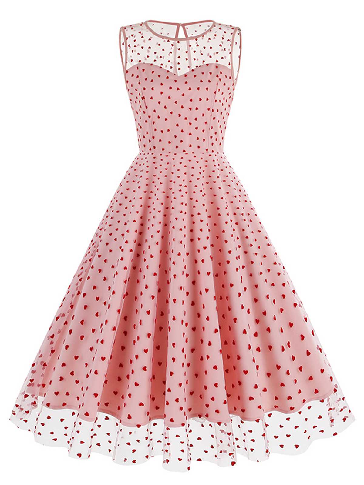 Black 1950s Flocked Heart Mesh Patchwork Dress - Image 5