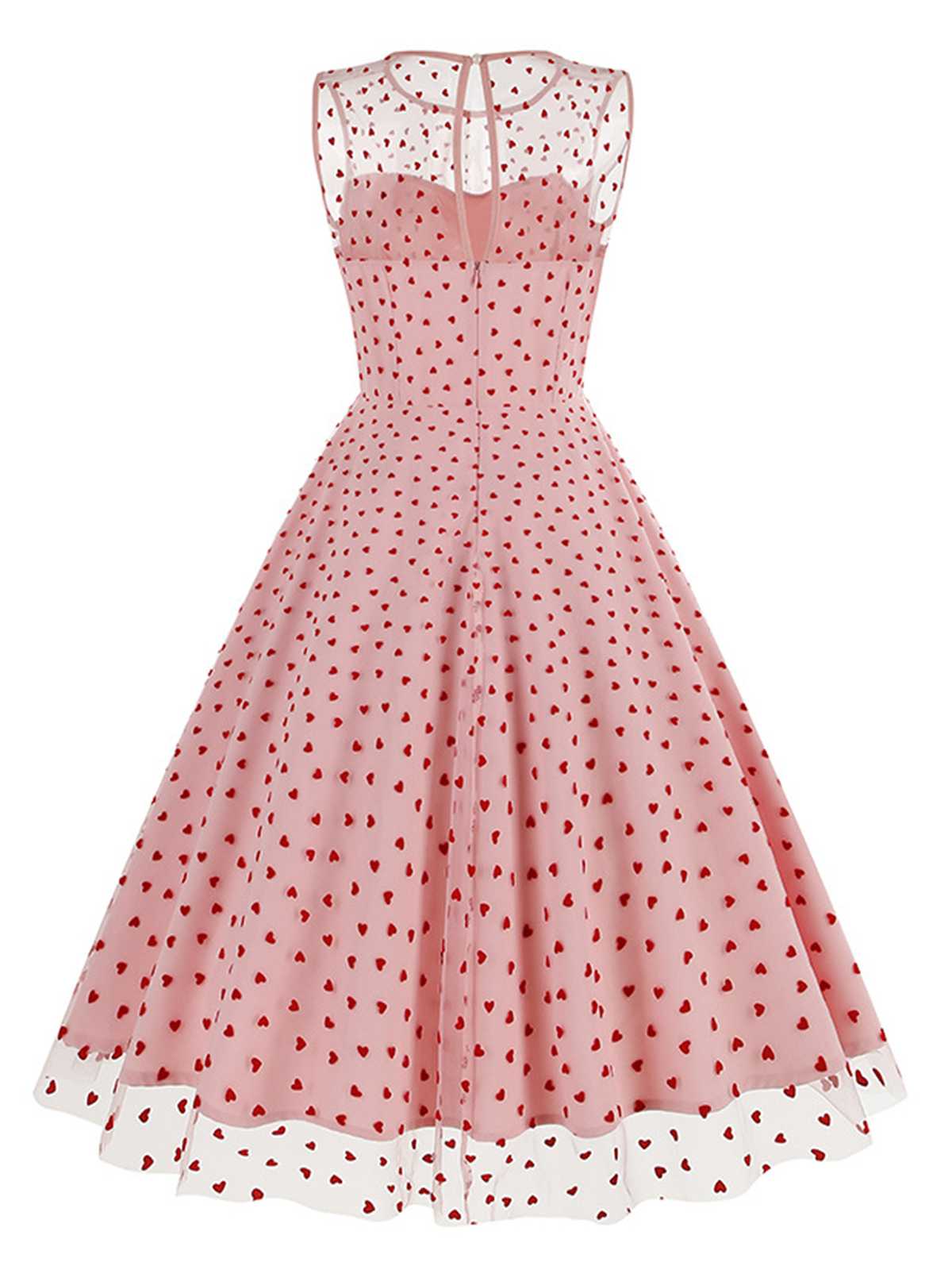 Black 1950s Flocked Heart Mesh Patchwork Dress - Image 7