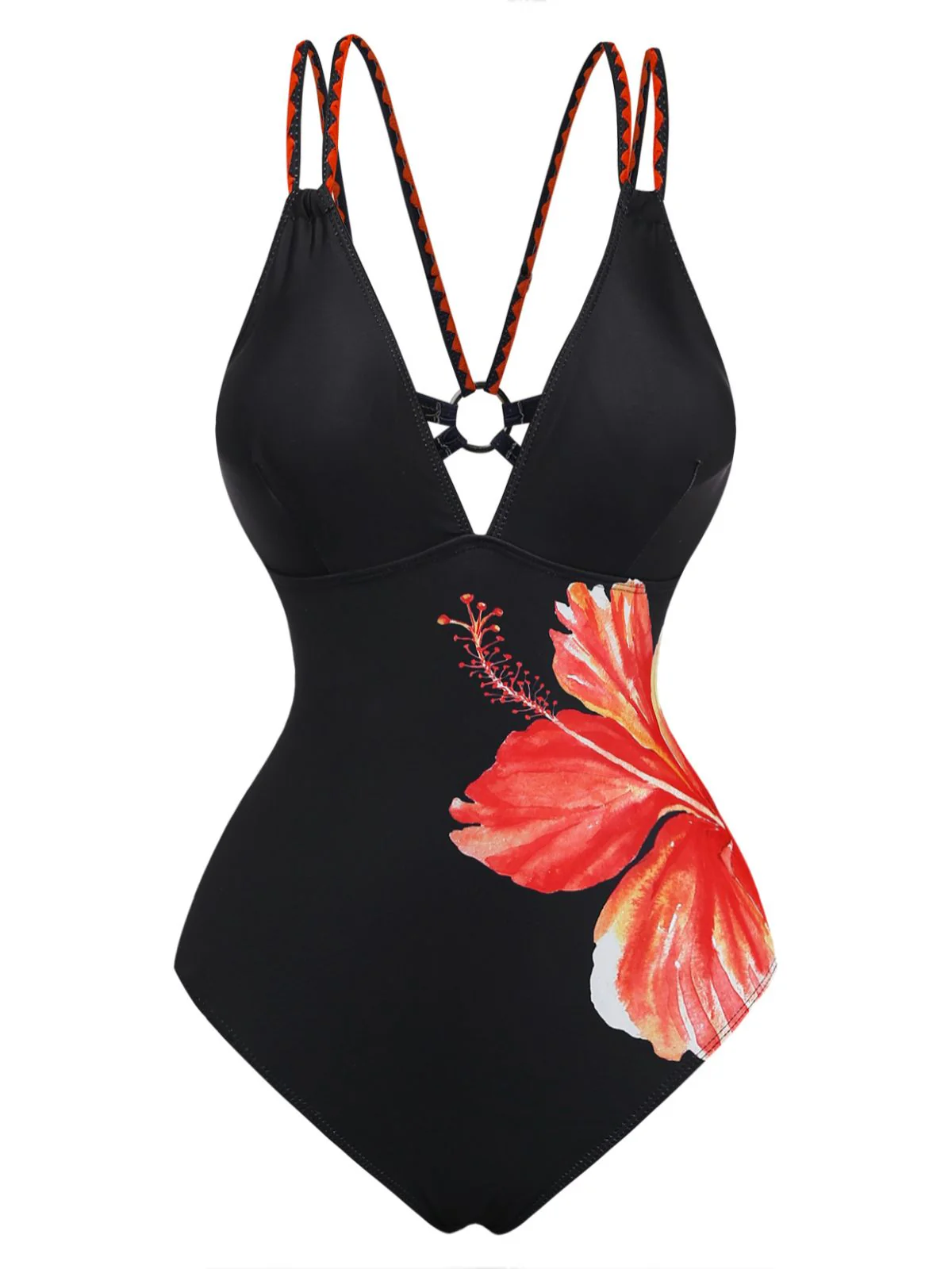 Black 1950s Floral Deep V Double Strap One-Piece Swimsuit - Image 2