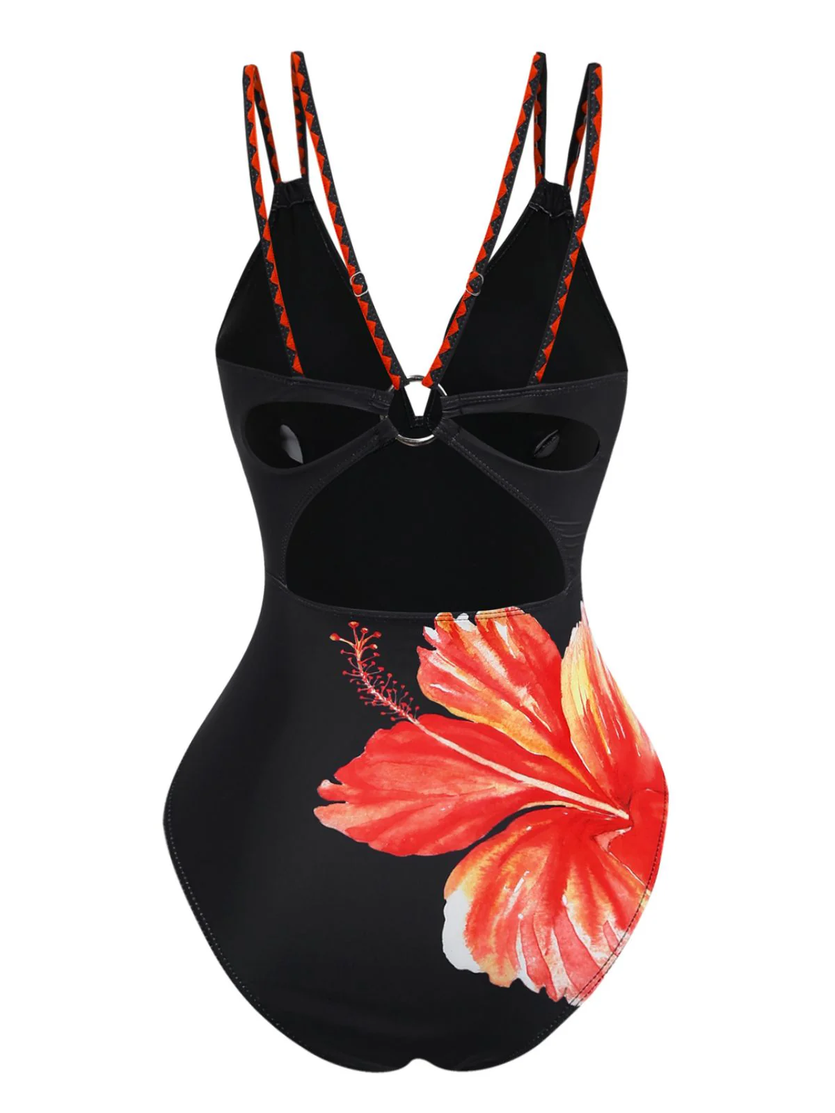 Black 1950s Floral Deep V Double Strap One-Piece Swimsuit - Image 3