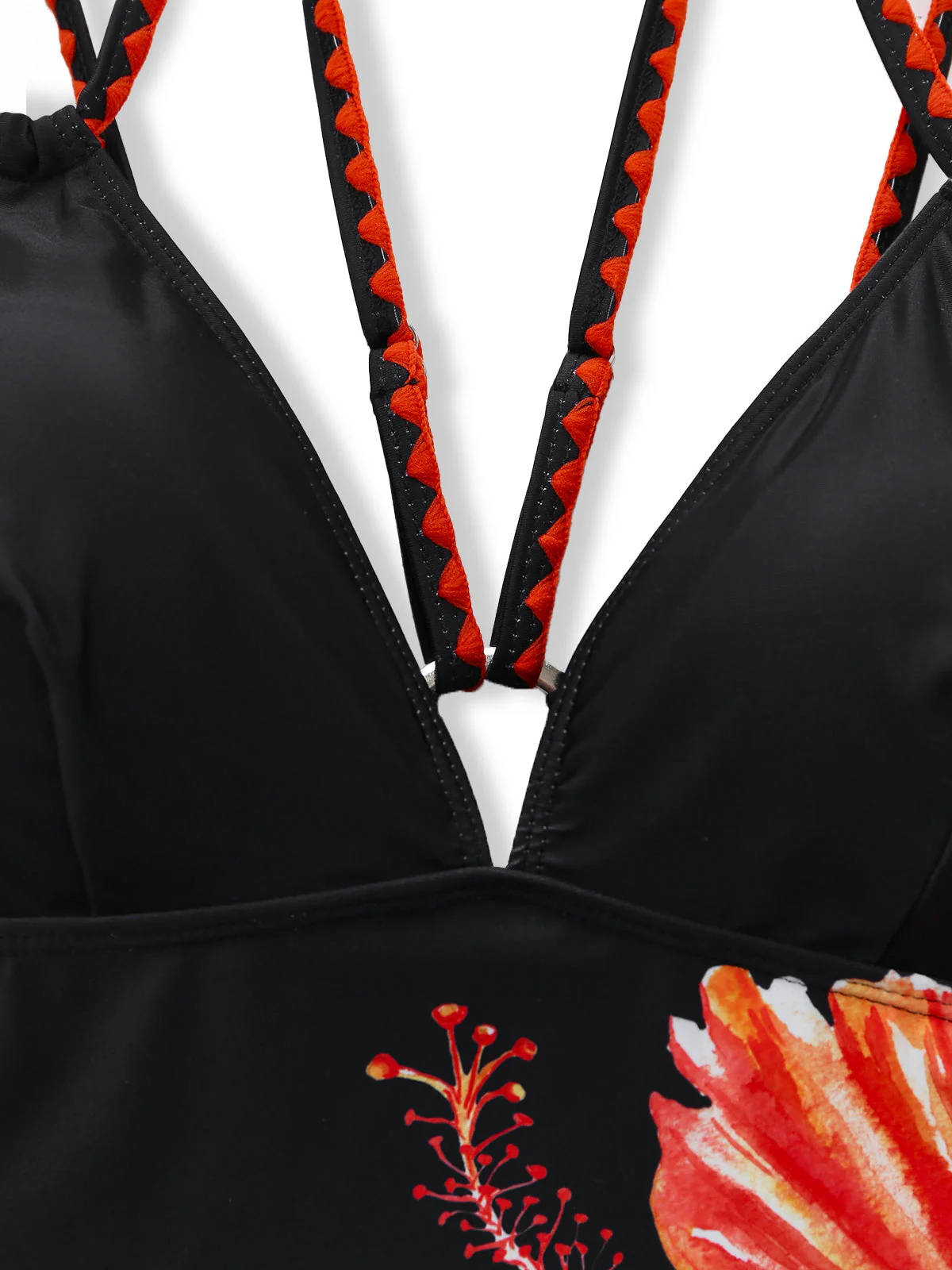 Black 1950s Floral Deep V Double Strap One-Piece Swimsuit - Image 4