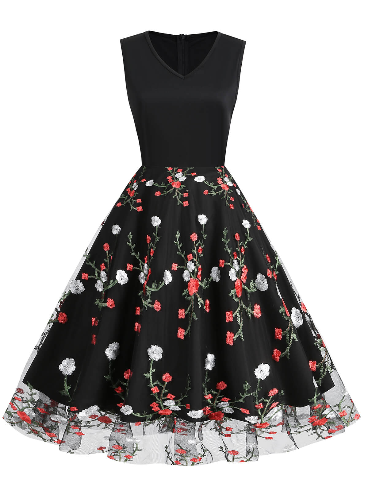 Black 1950s Floral Embroidered Patchwork Dress - Image 2