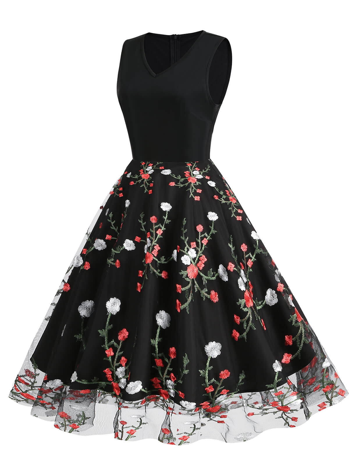 Black 1950s Floral Embroidered Patchwork Dress - Image 3