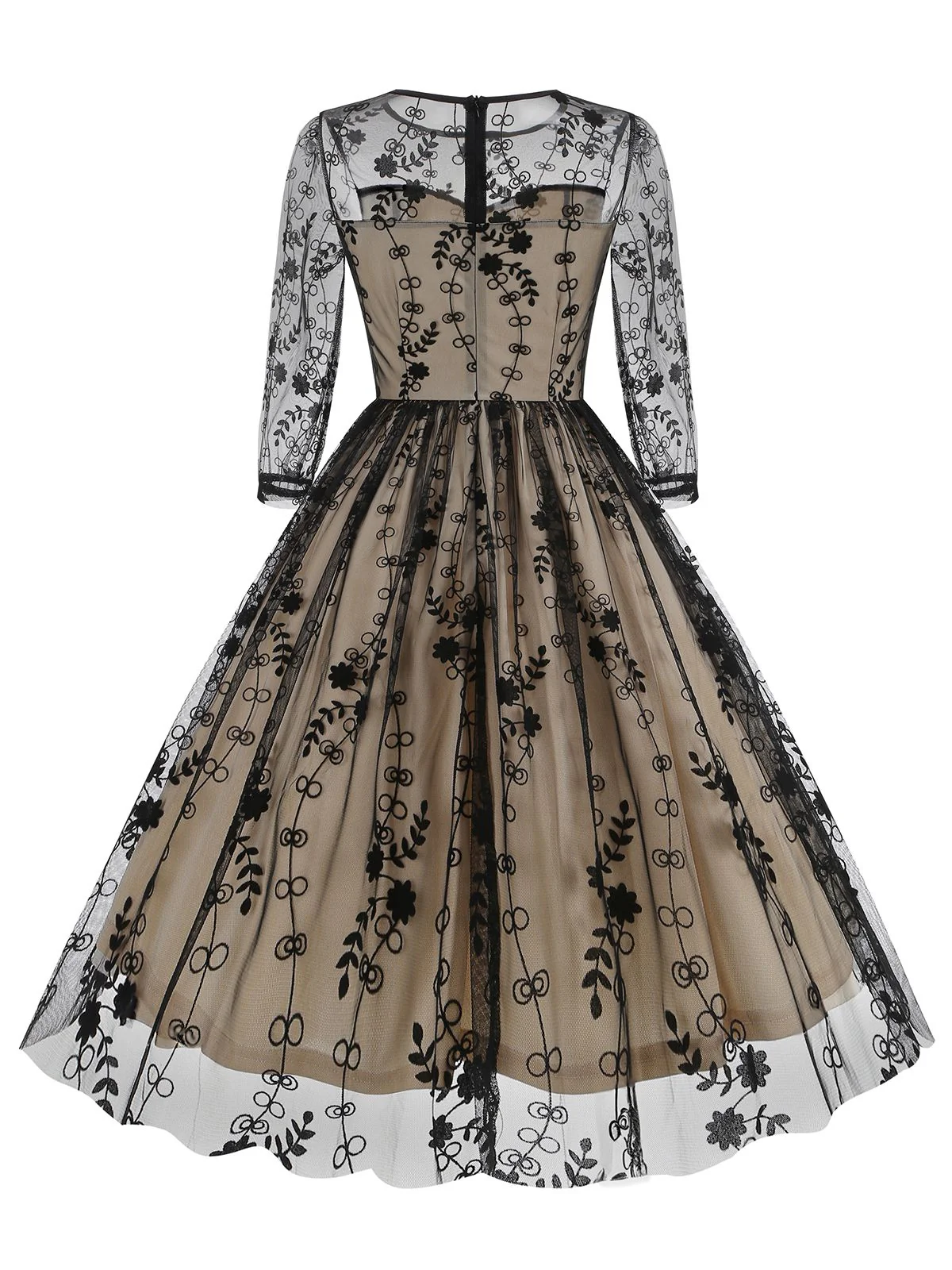 Black 1950s Floral Mesh Patchwork Dress - Image 2