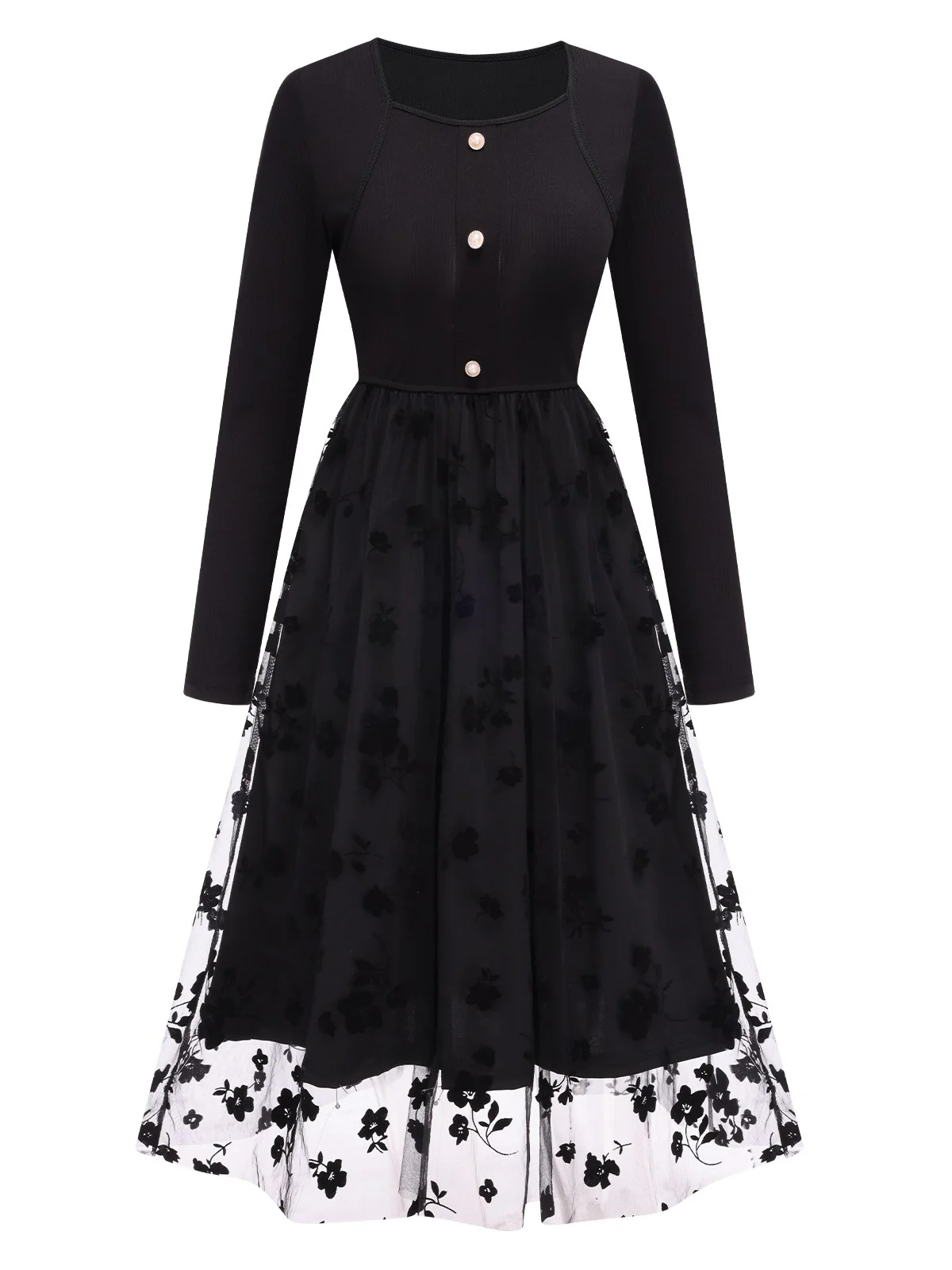 Black 1950s Floral Mesh Patchwork Dress - Image 2