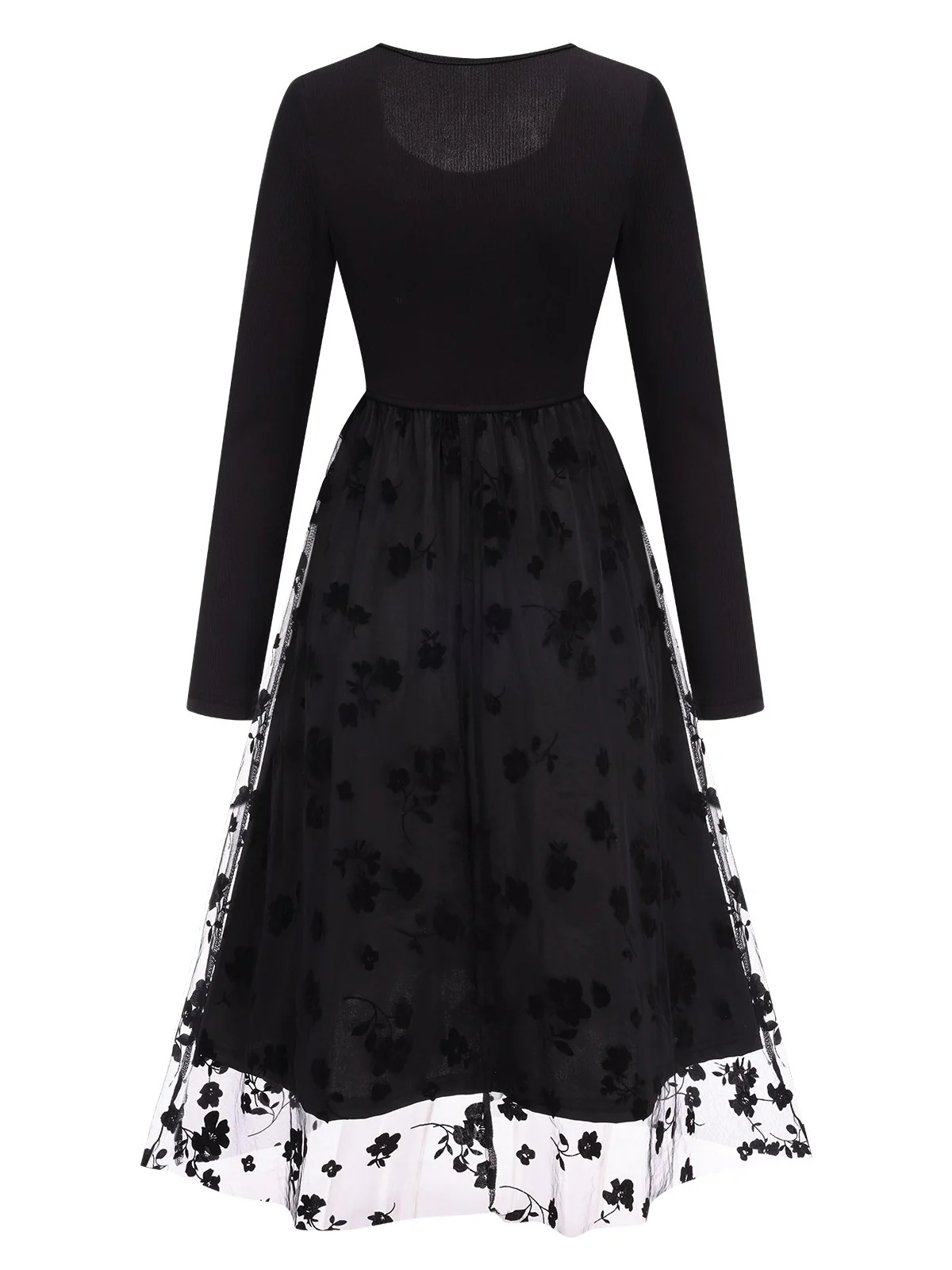 Black 1950s Floral Mesh Patchwork Dress - Image 3