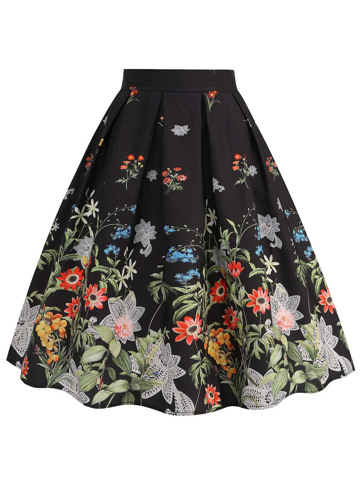 Black 1950s Floral Pleated Swing Skirt - Image 2