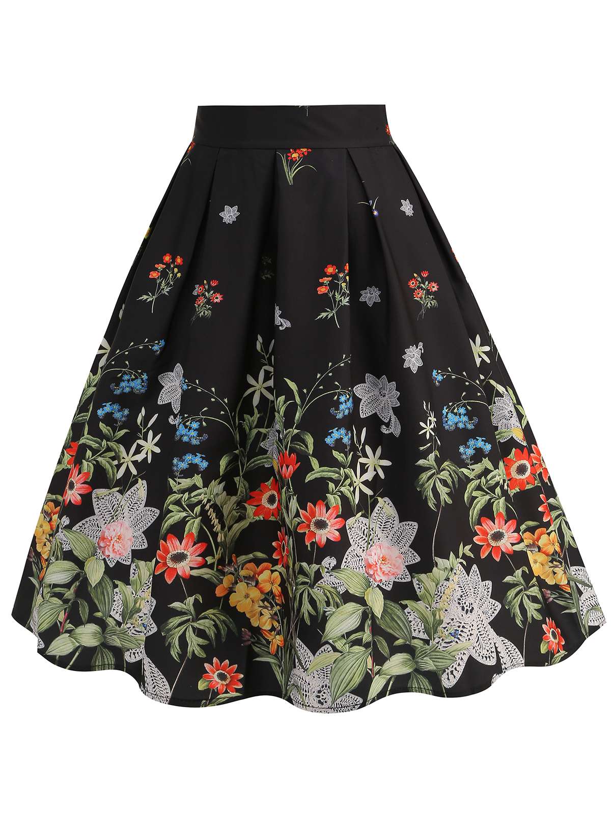 Black 1950s Floral Pleated Swing Skirt - Image 3