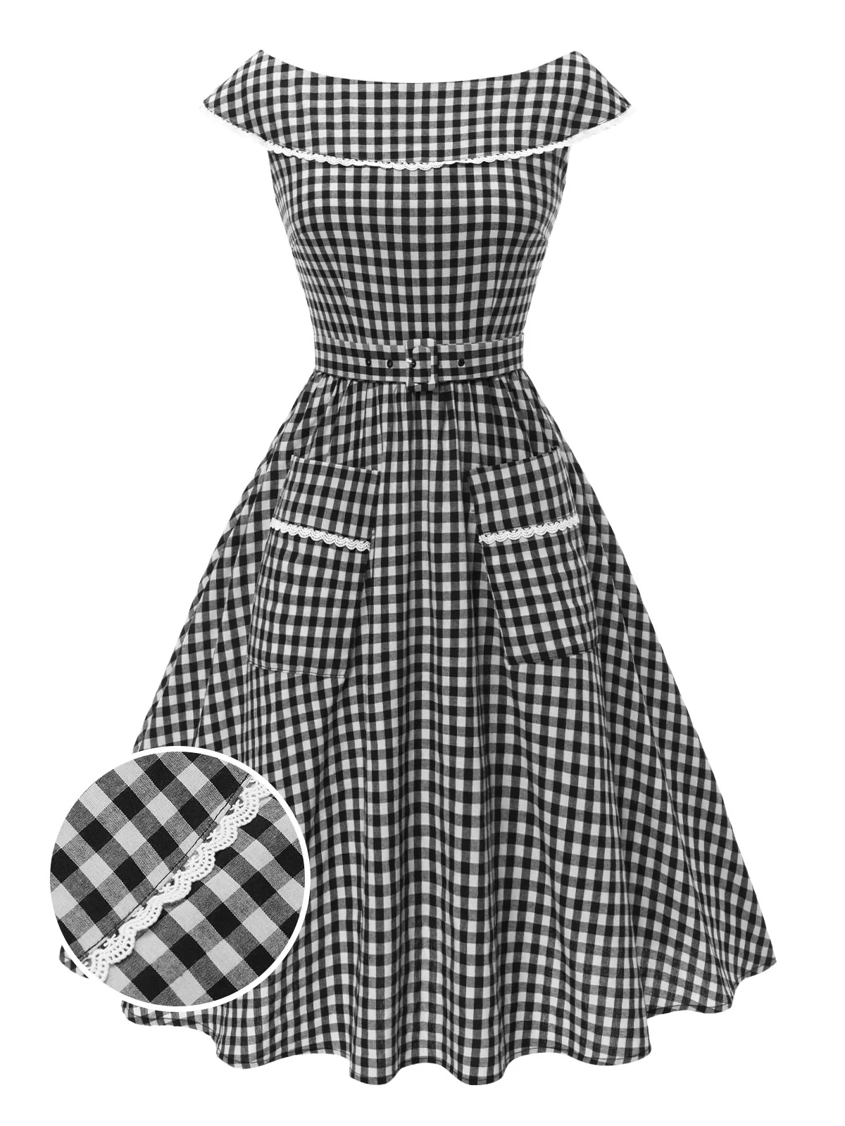 Black 1950s Gingham Plaid Lace Trim Belted Dress - Image 3
