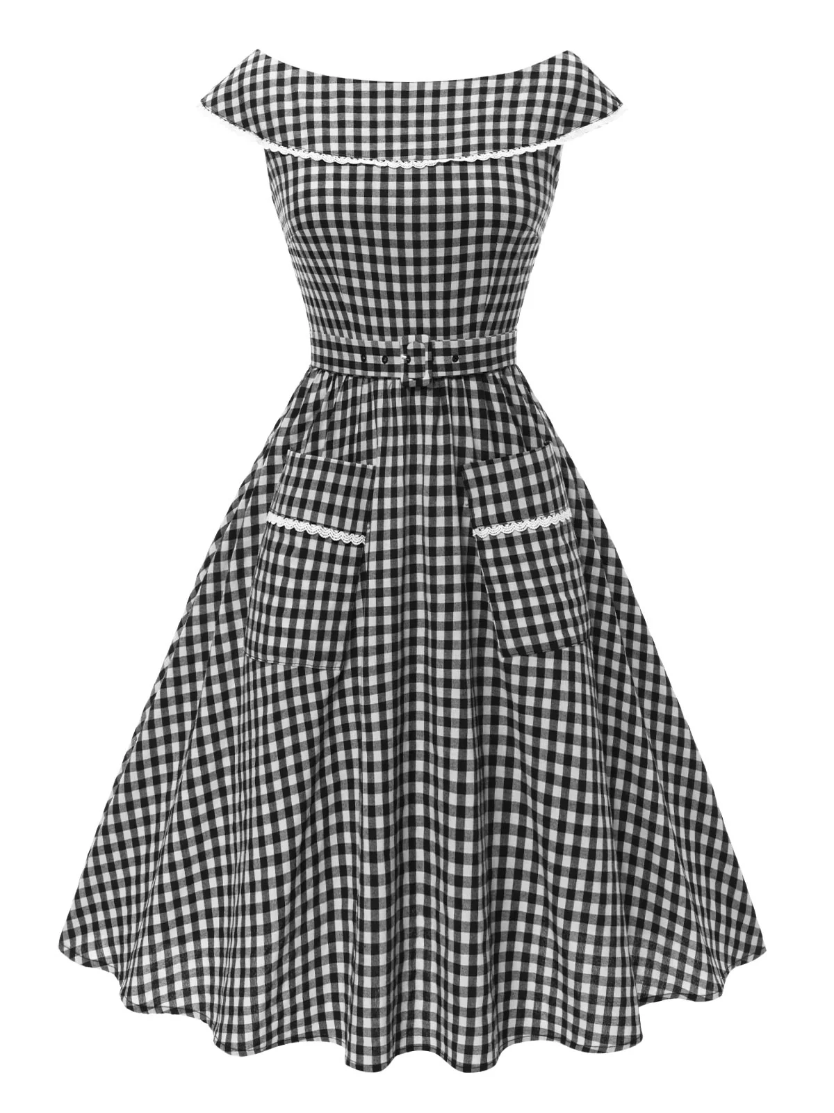 Black 1950s Gingham Plaid Lace Trim Belted Dress - Image 4
