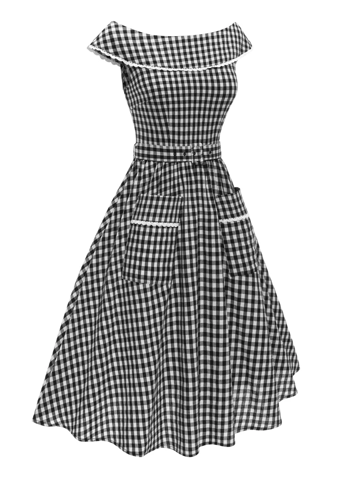 Black 1950s Gingham Plaid Lace Trim Belted Dress - Image 5