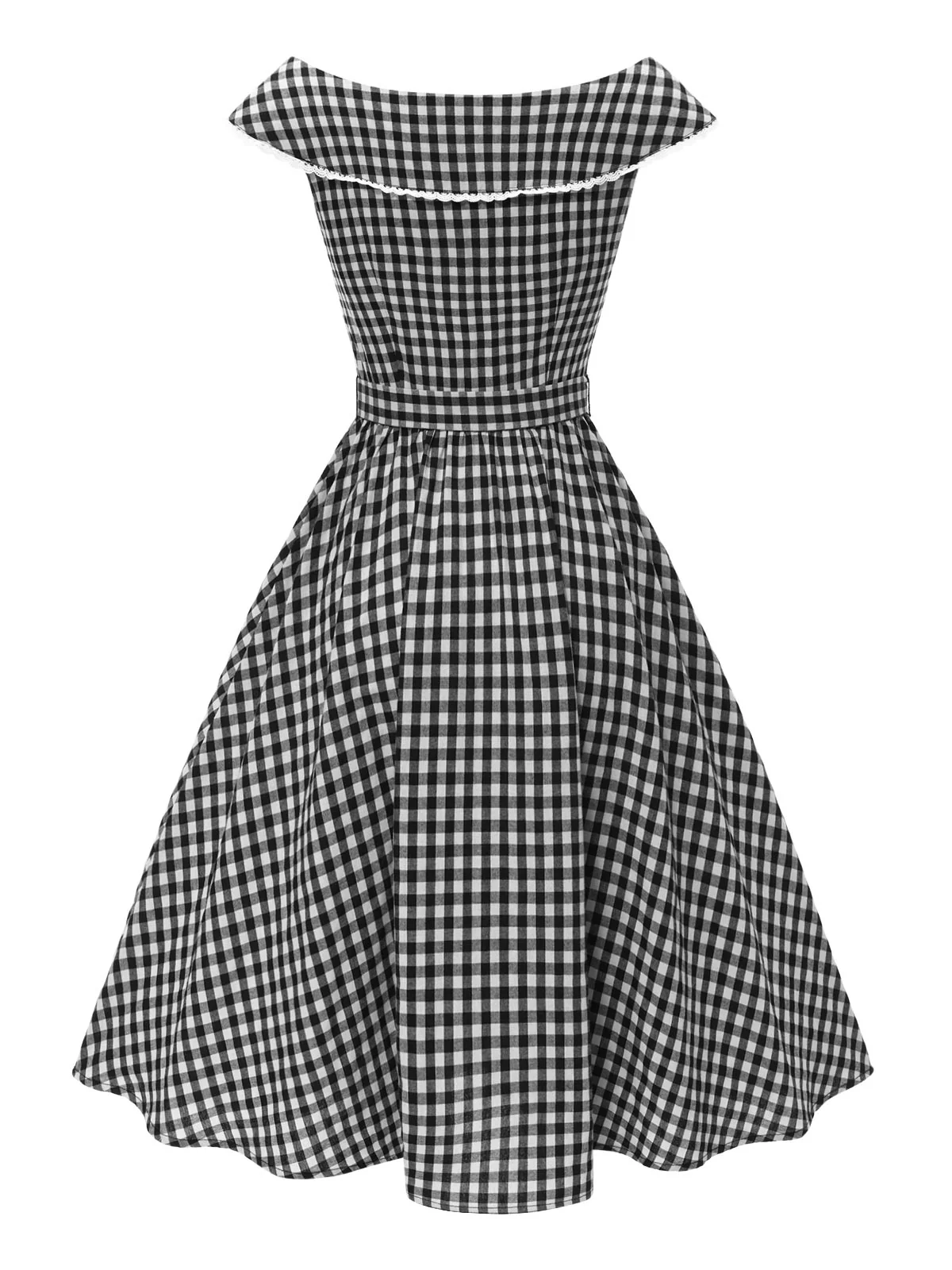 Black 1950s Gingham Plaid Lace Trim Belted Dress - Image 6