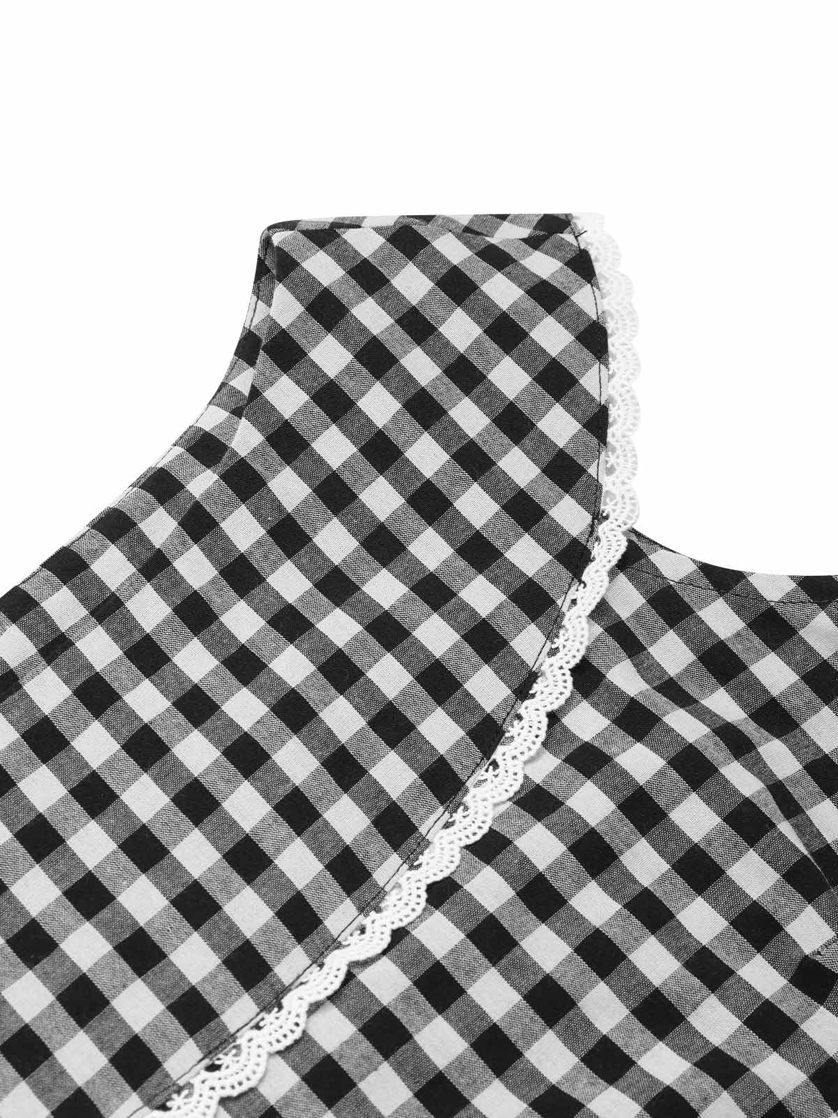 Black 1950s Gingham Plaid Lace Trim Belted Dress - Image 7