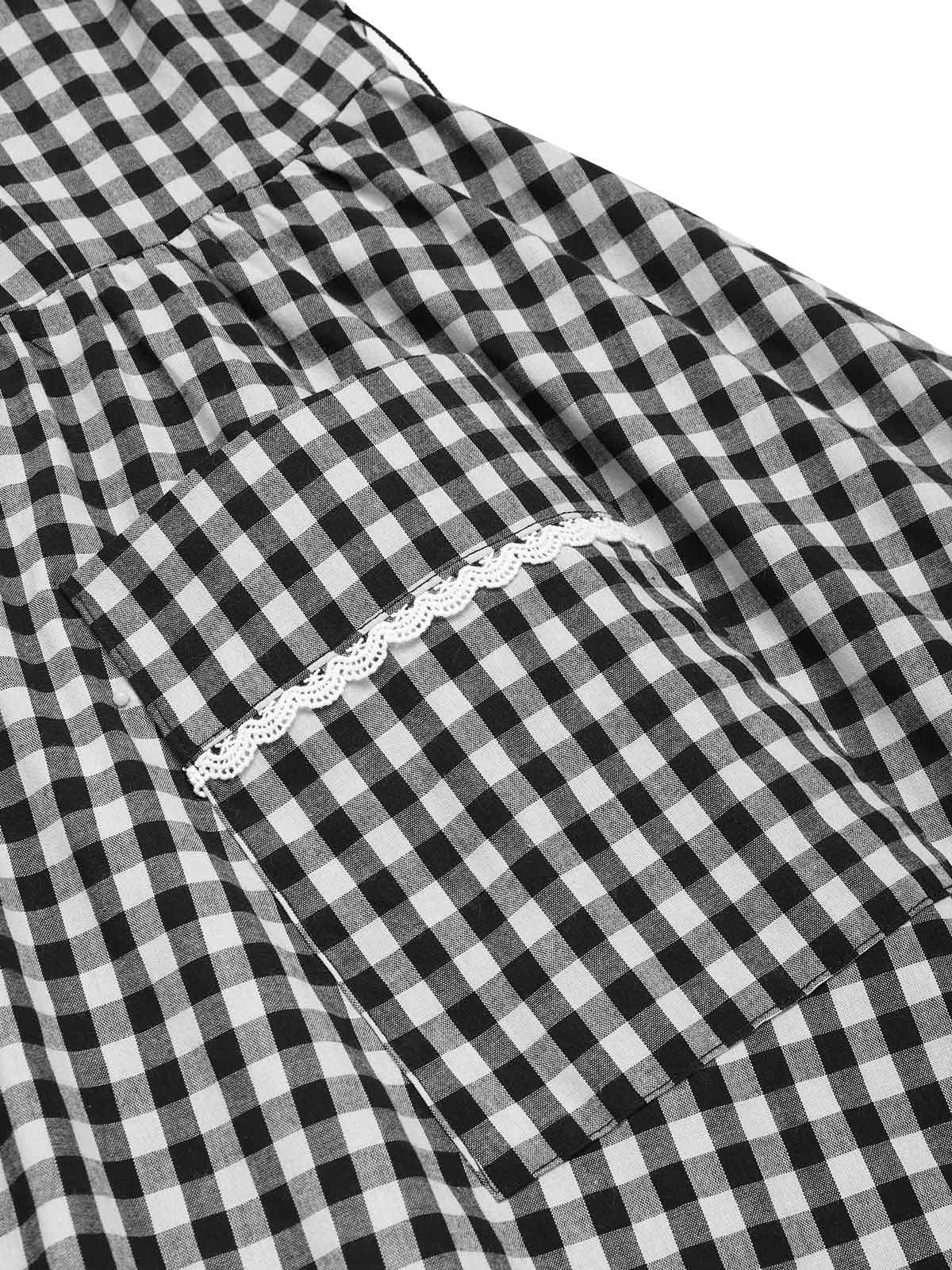 Black 1950s Gingham Plaid Lace Trim Belted Dress - Image 8