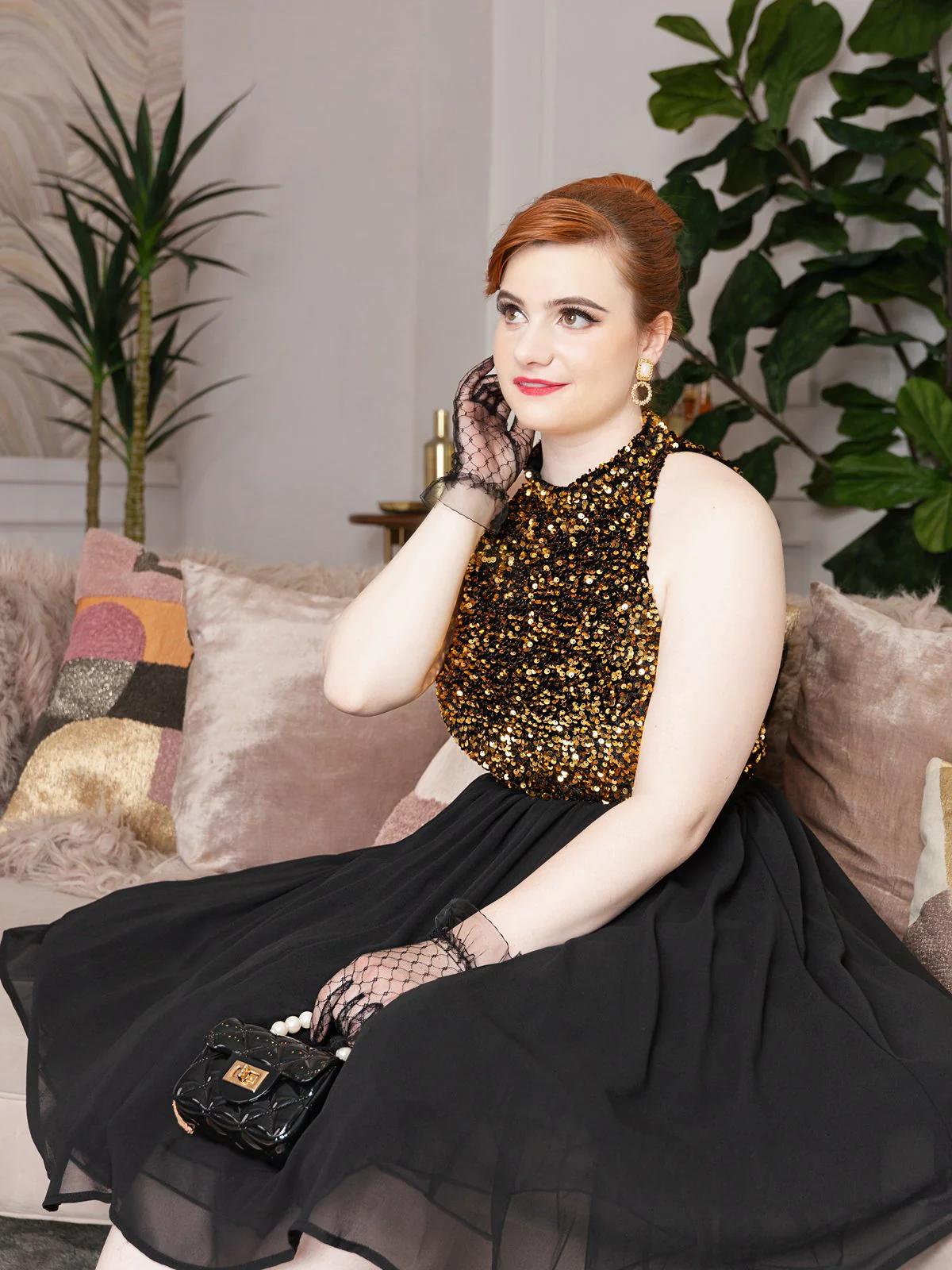 Black 1950s Gold Glitter Patchwork Dress - Image 2