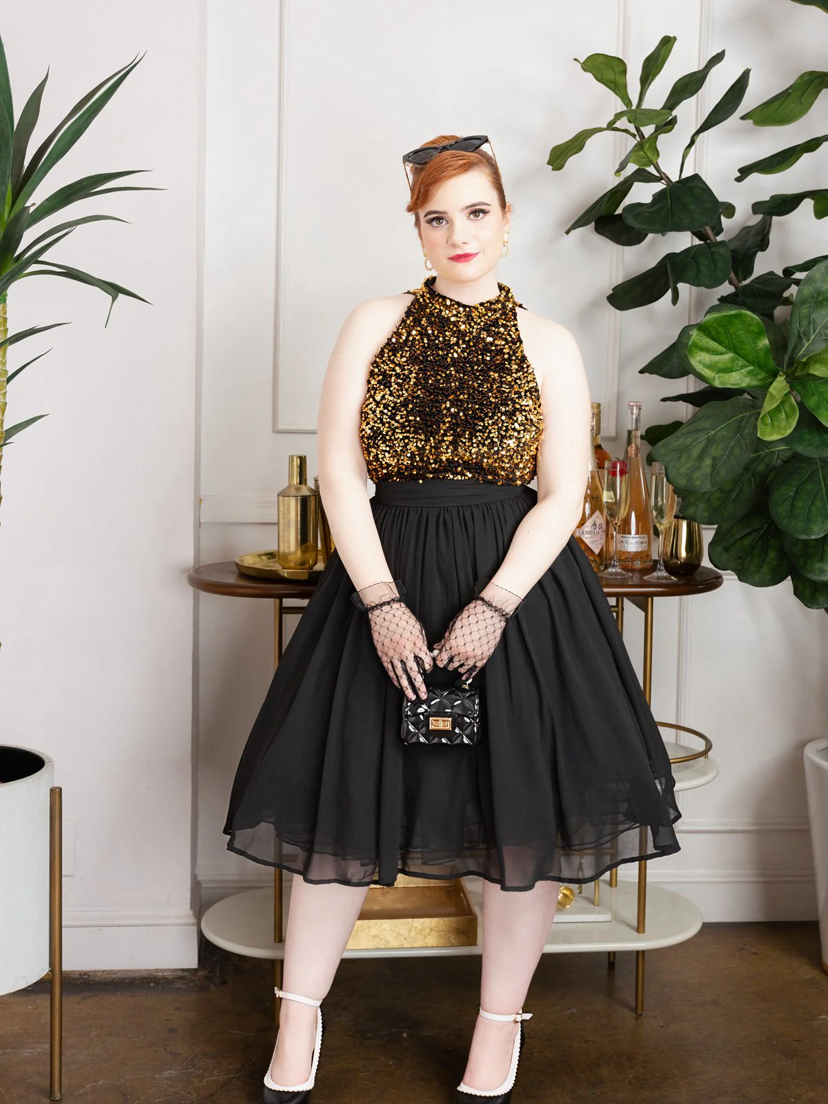 Black 1950s Gold Glitter Patchwork Dress - Image 4