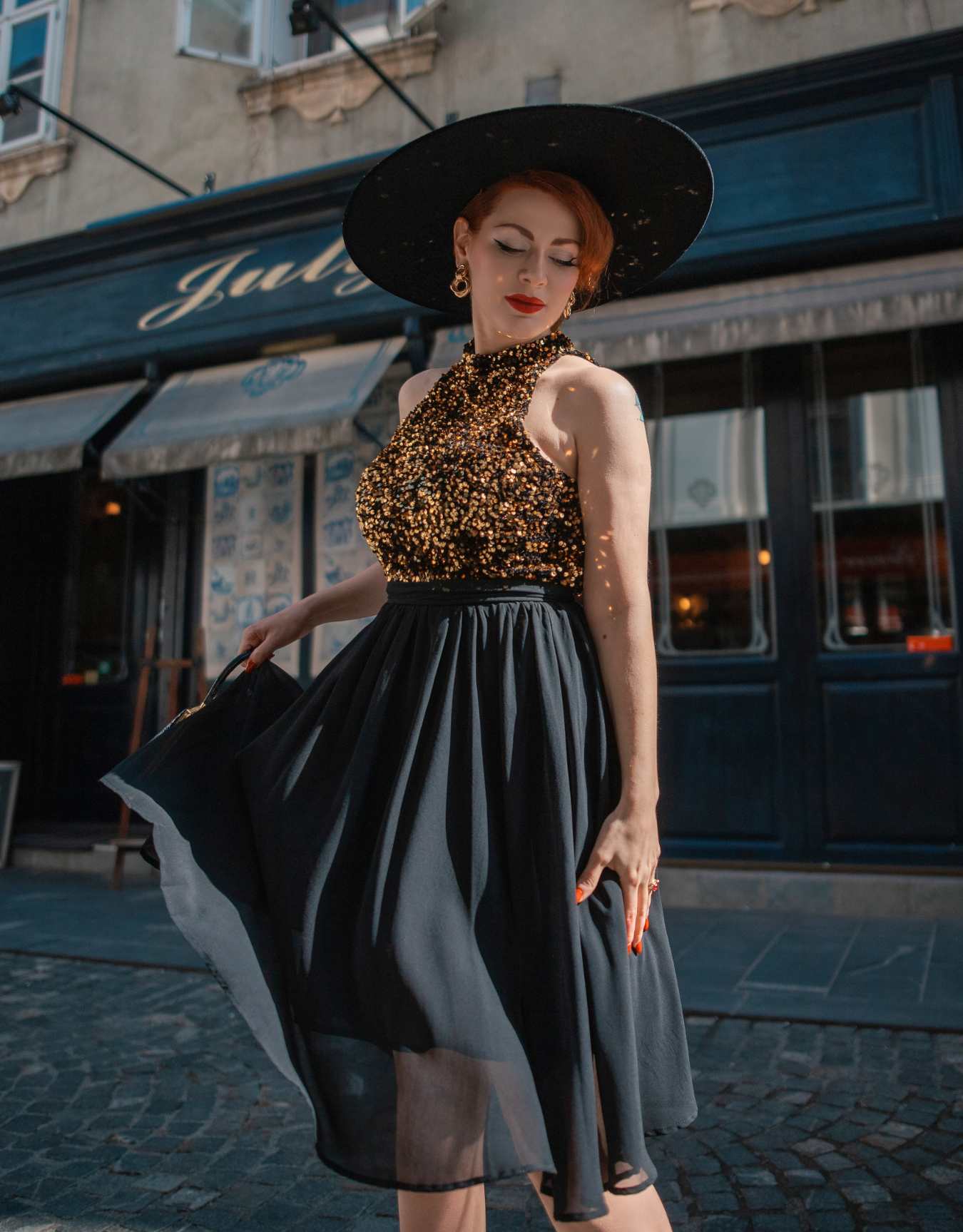 Black 1950s Gold Glitter Patchwork Dress - Image 2